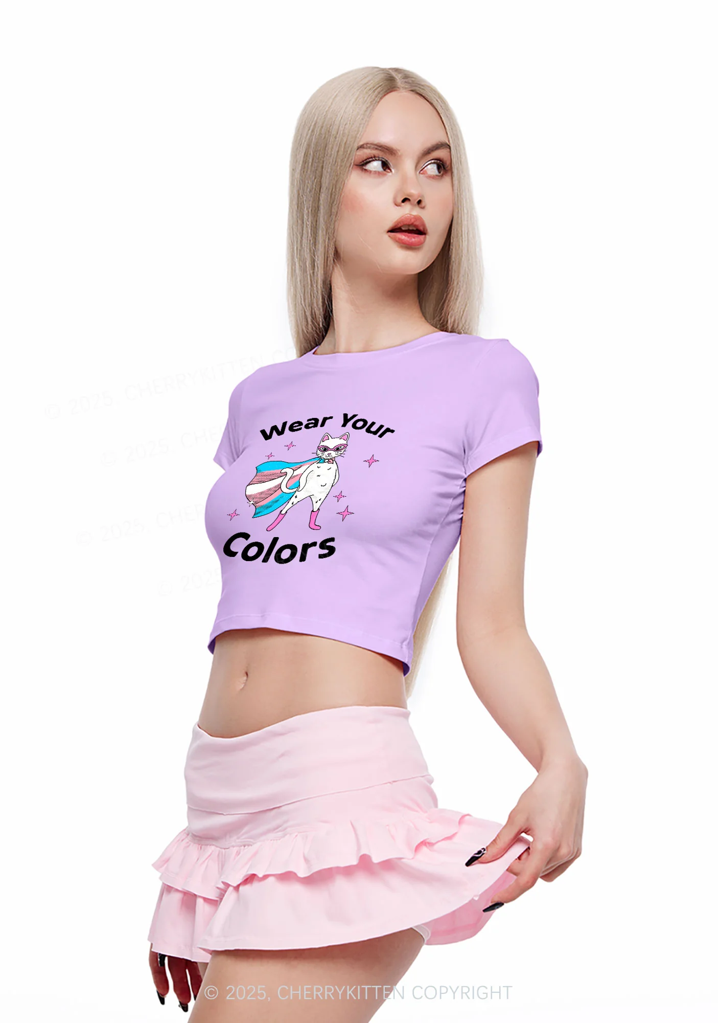 Transgender Flag Cat Pride Y2K Baby Tee Cherrykitten - Image 2