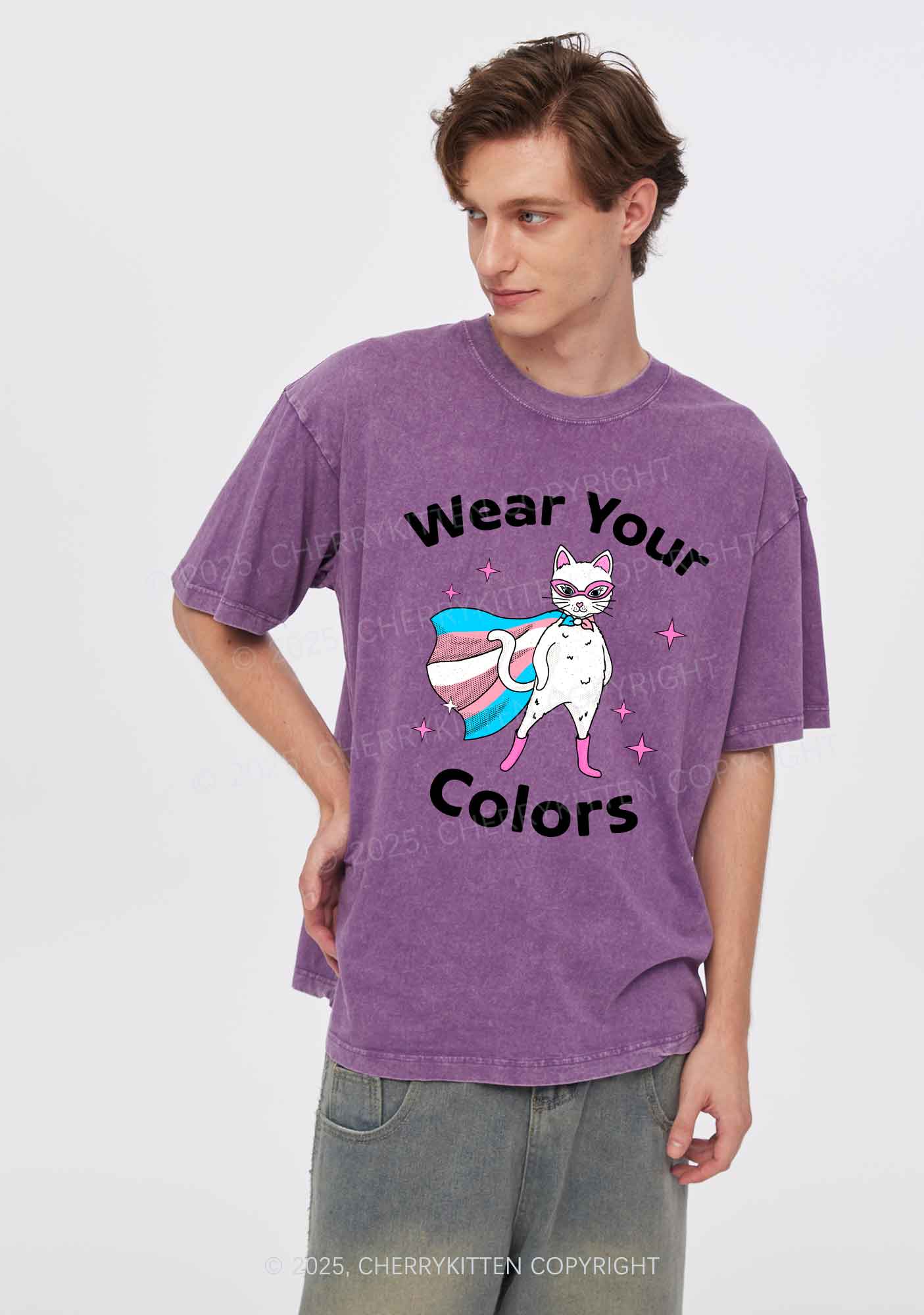 Transgender Flag Cat Pride Y2K Shirts Washed Tee Cherrykitten - Image 2