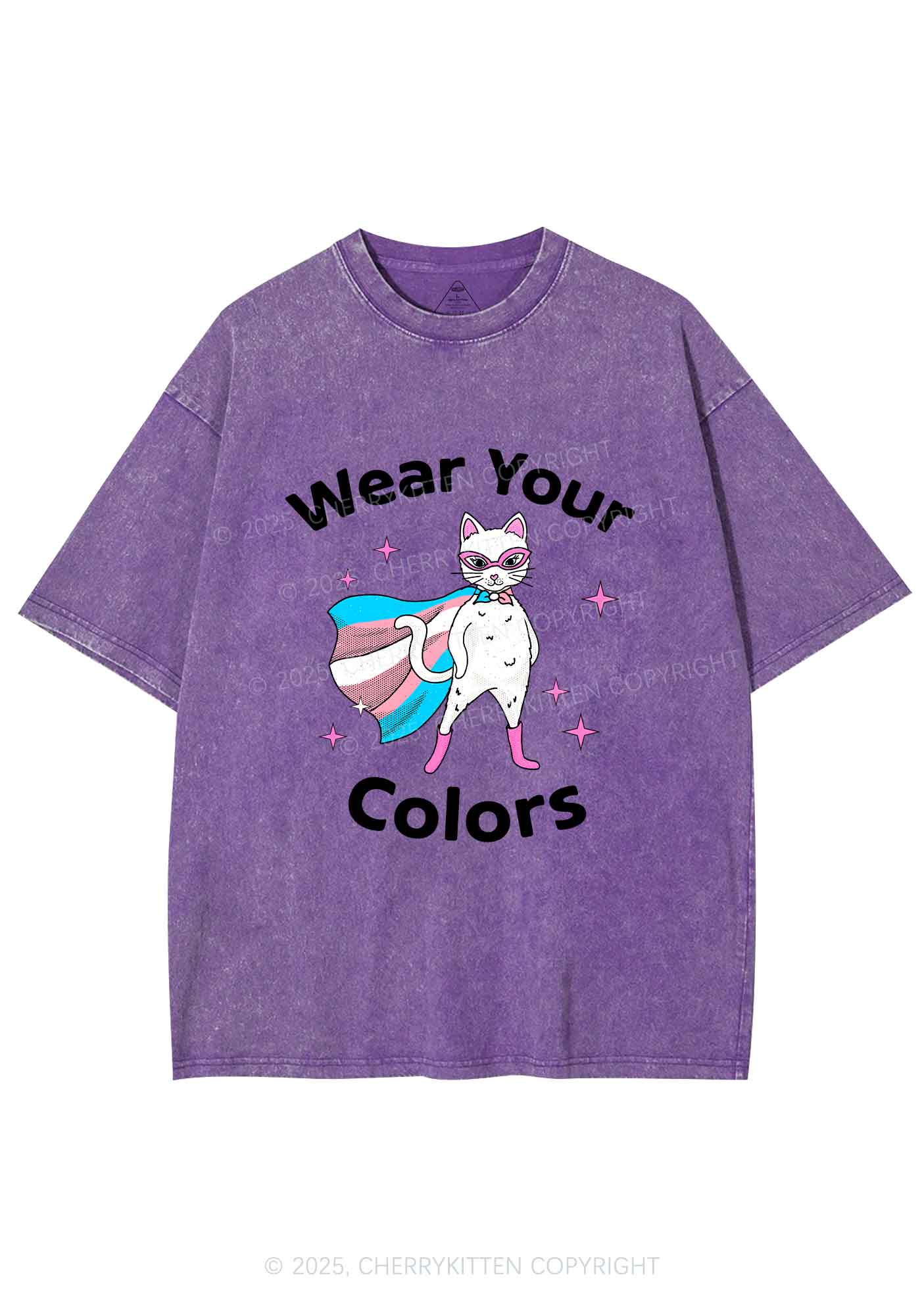 Transgender Flag Cat Pride Y2K Shirts Washed Tee Cherrykitten - Image 4