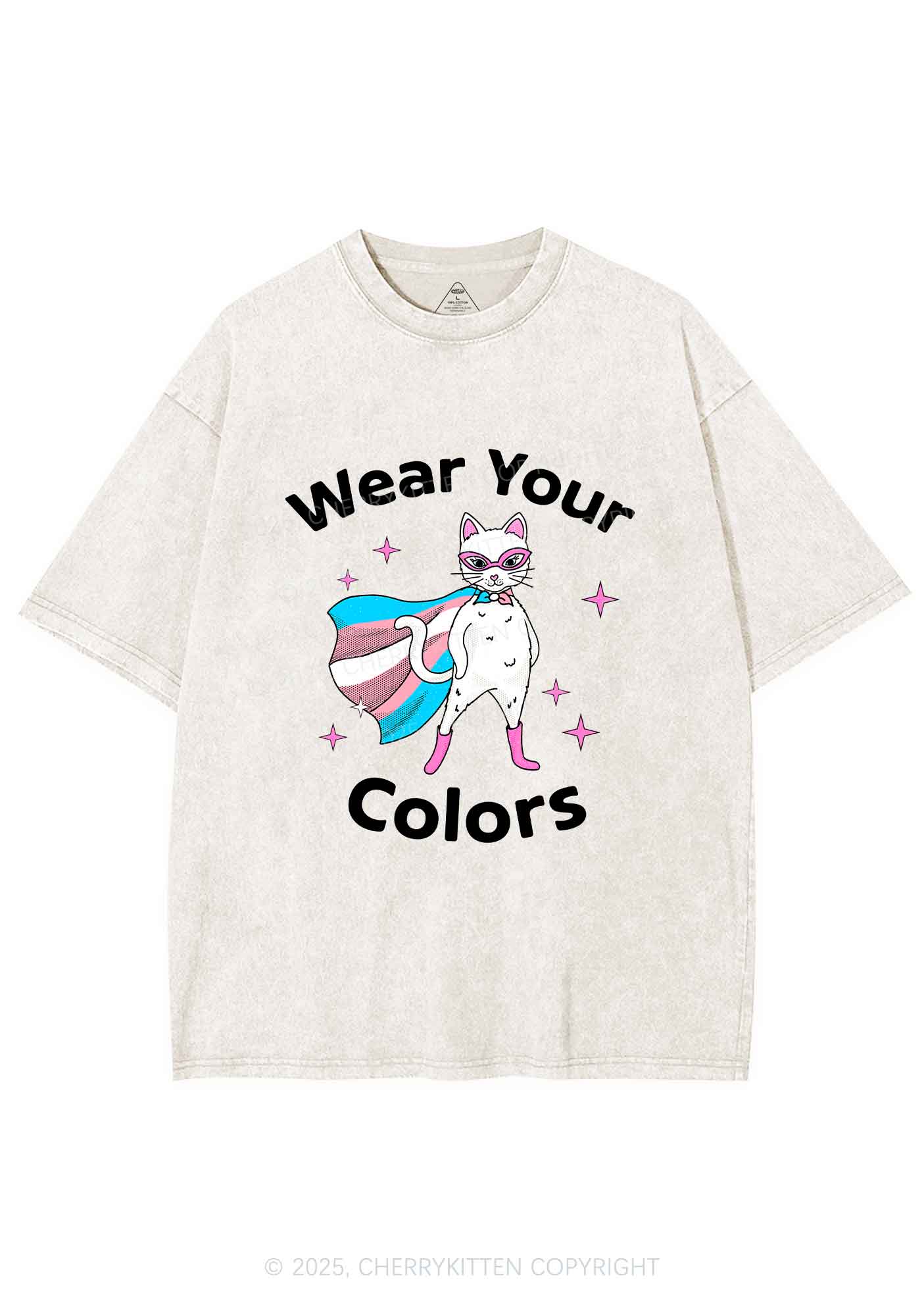 Transgender Flag Cat Pride Y2K Shirts Washed Tee Cherrykitten - Image 5