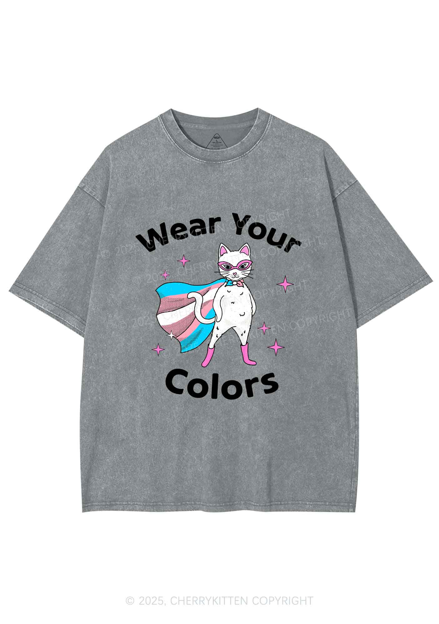 Transgender Flag Cat Pride Y2K Shirts Washed Tee Cherrykitten - Image 6