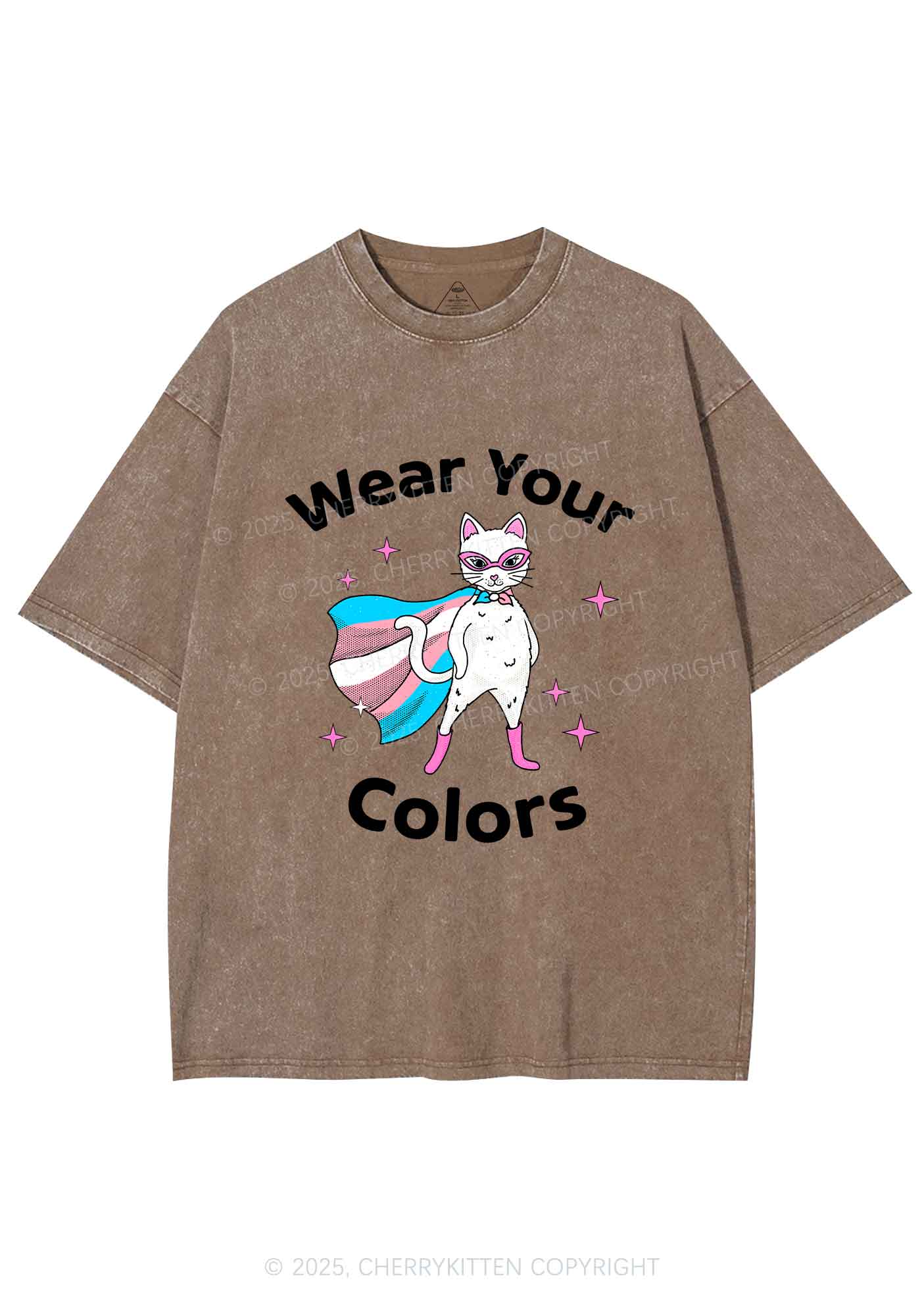 Transgender Flag Cat Pride Y2K Shirts Washed Tee Cherrykitten - Image 7