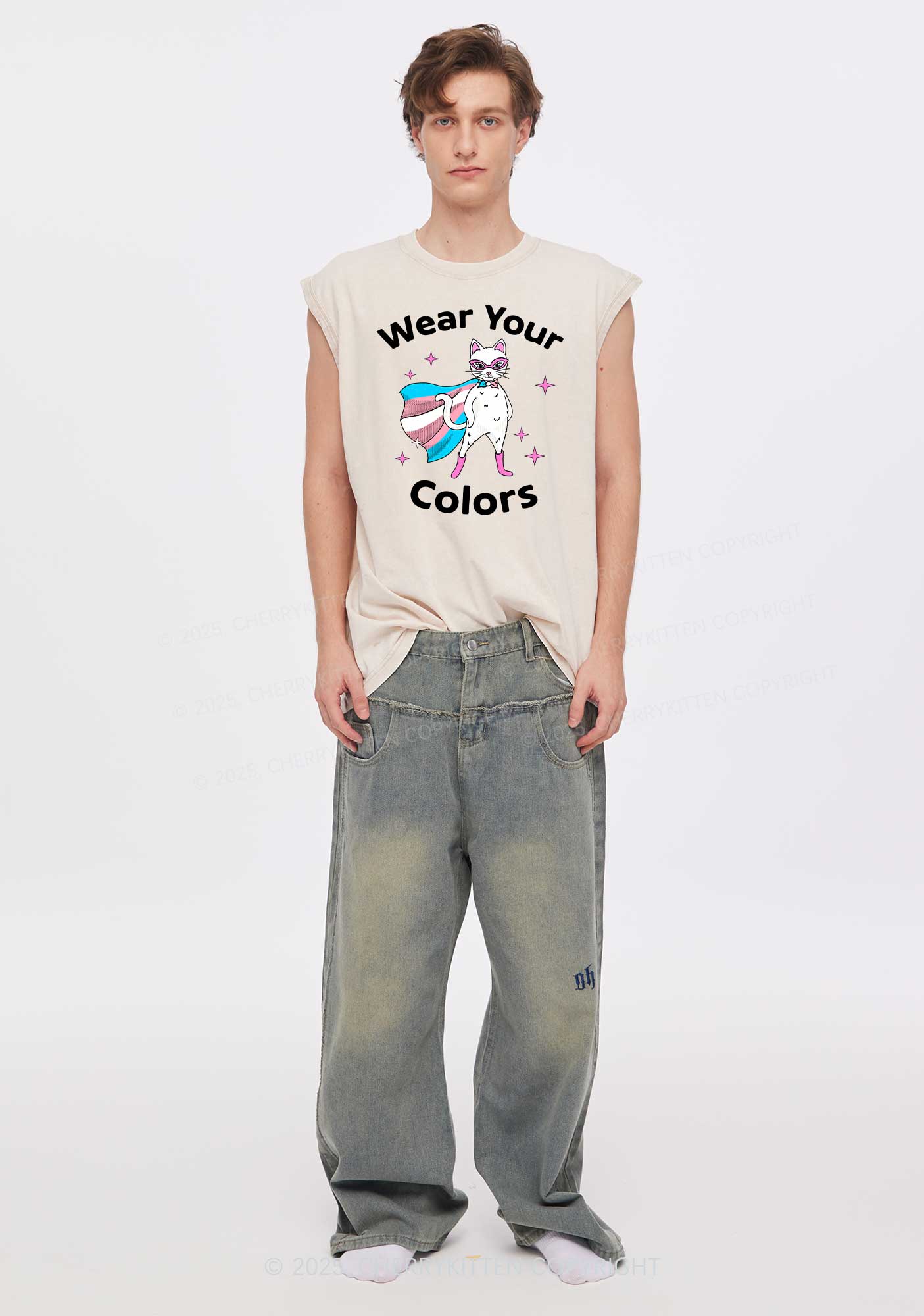 Transgender Flag Cat Pride Y2K Washed Muscle Tank Cherrykitten - Image 2
