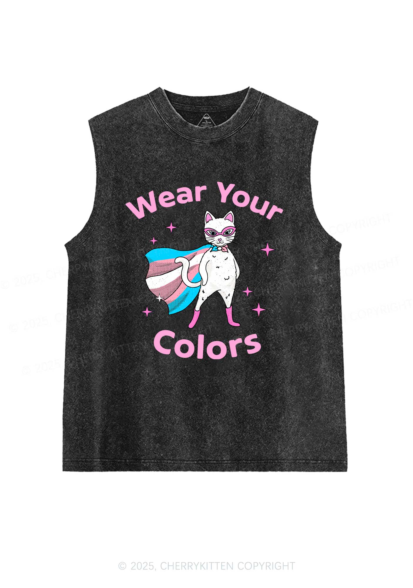 Transgender Flag Cat Pride Y2K Washed Muscle Tank Cherrykitten - Image 3