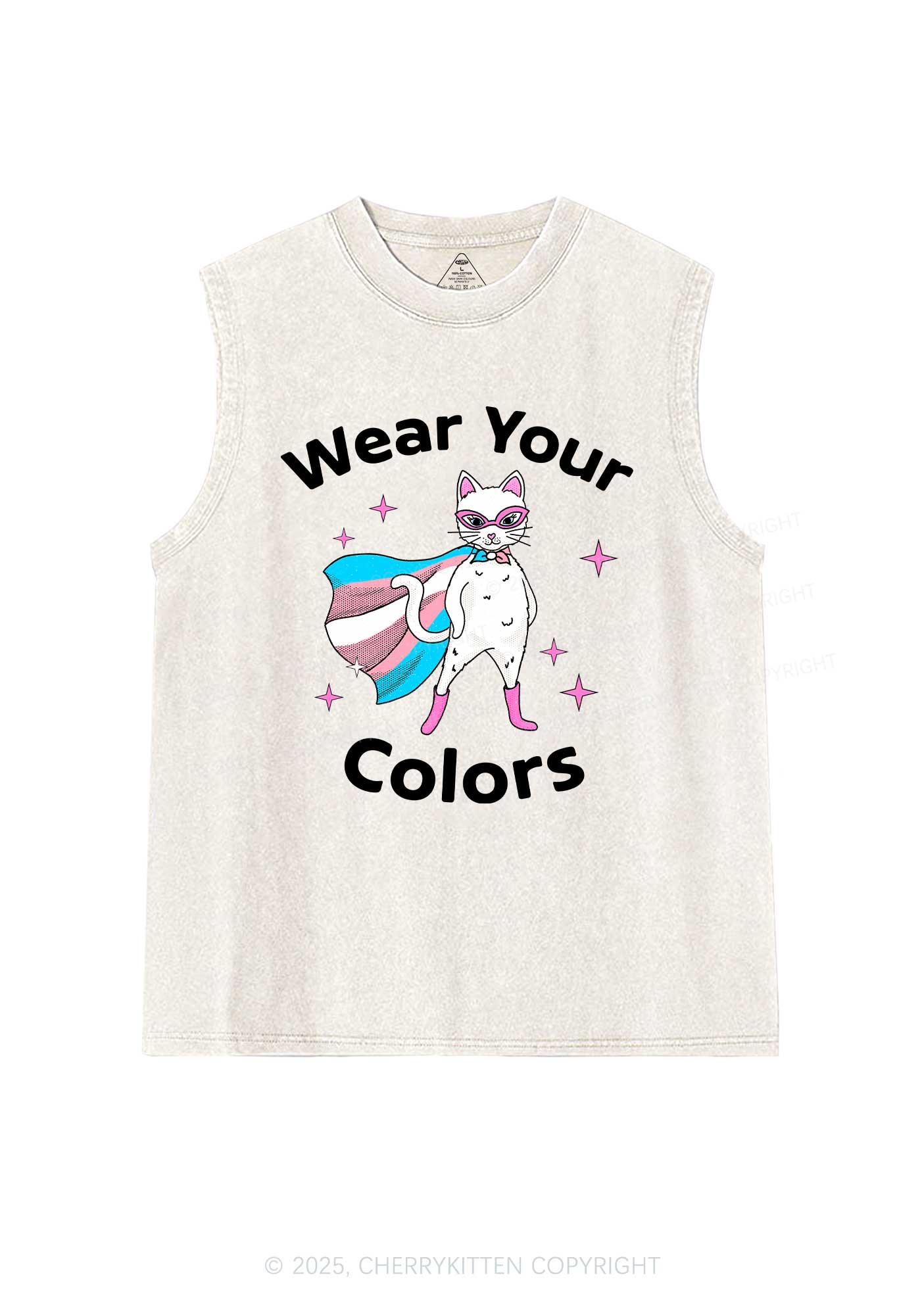 Transgender Flag Cat Pride Y2K Washed Muscle Tank Cherrykitten - Image 4