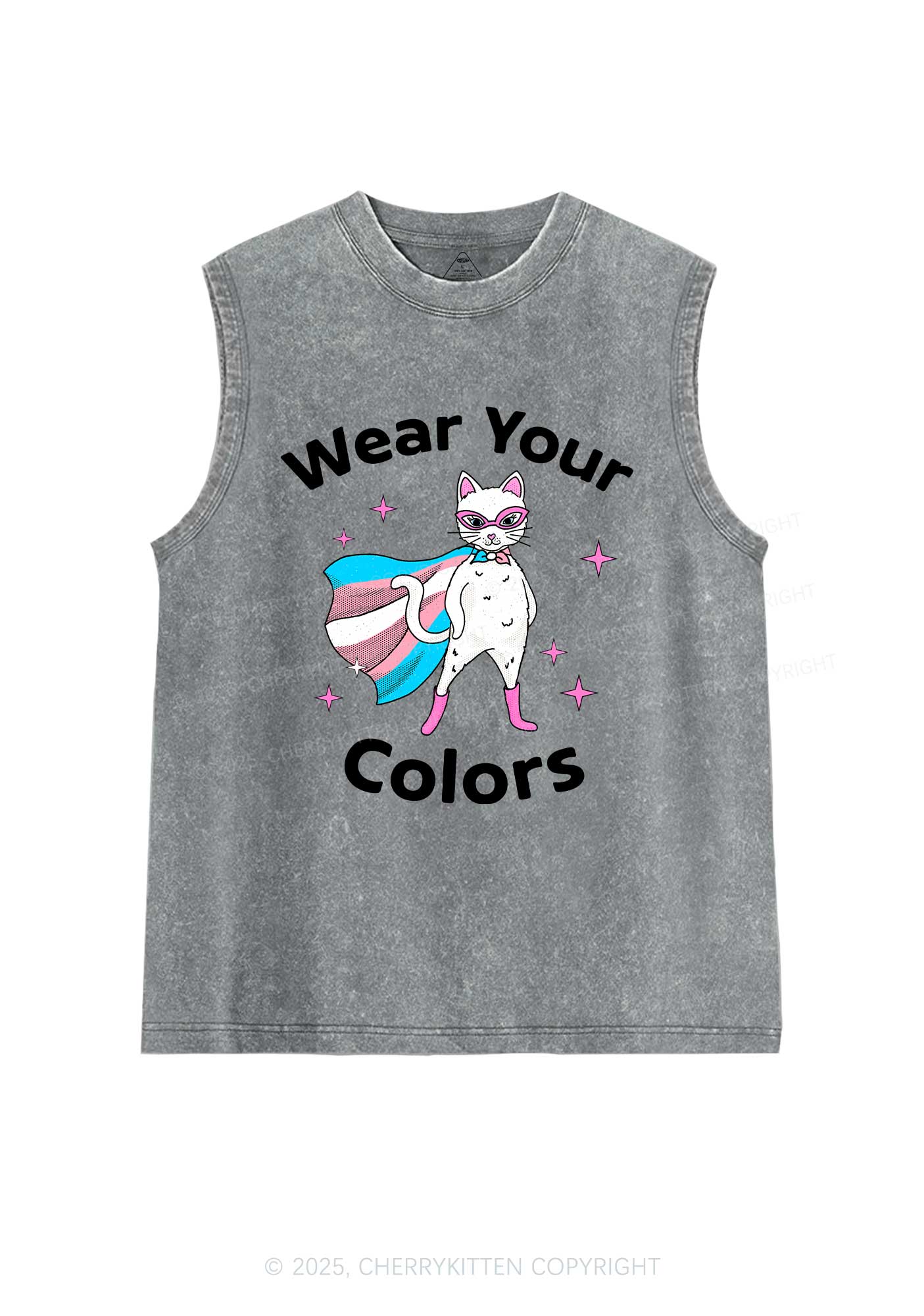 Transgender Flag Cat Pride Y2K Washed Muscle Tank Cherrykitten - Image 5