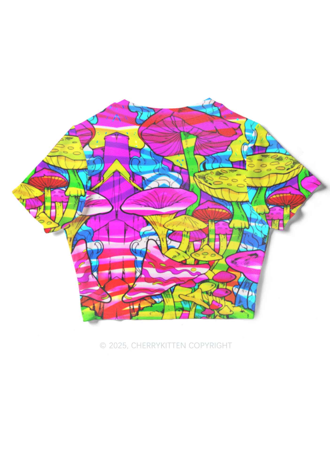 Trippy Colorful Mushrooms Y2K Mesh Crop Top Cherrykitten - Image 2