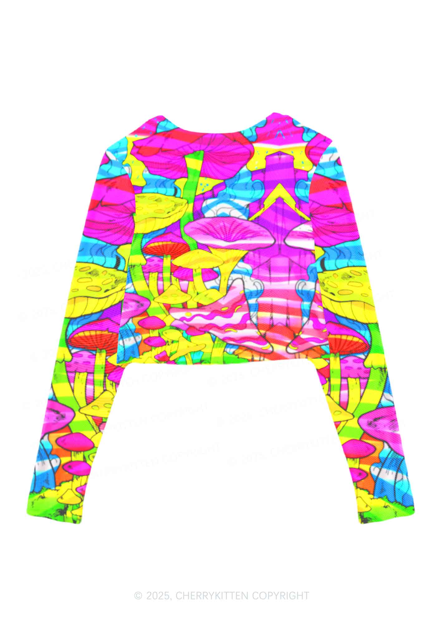 Trippy Colorful Mushrooms Y2K Mesh Long Sleeve Crop Top Cherrykitten - Image 2