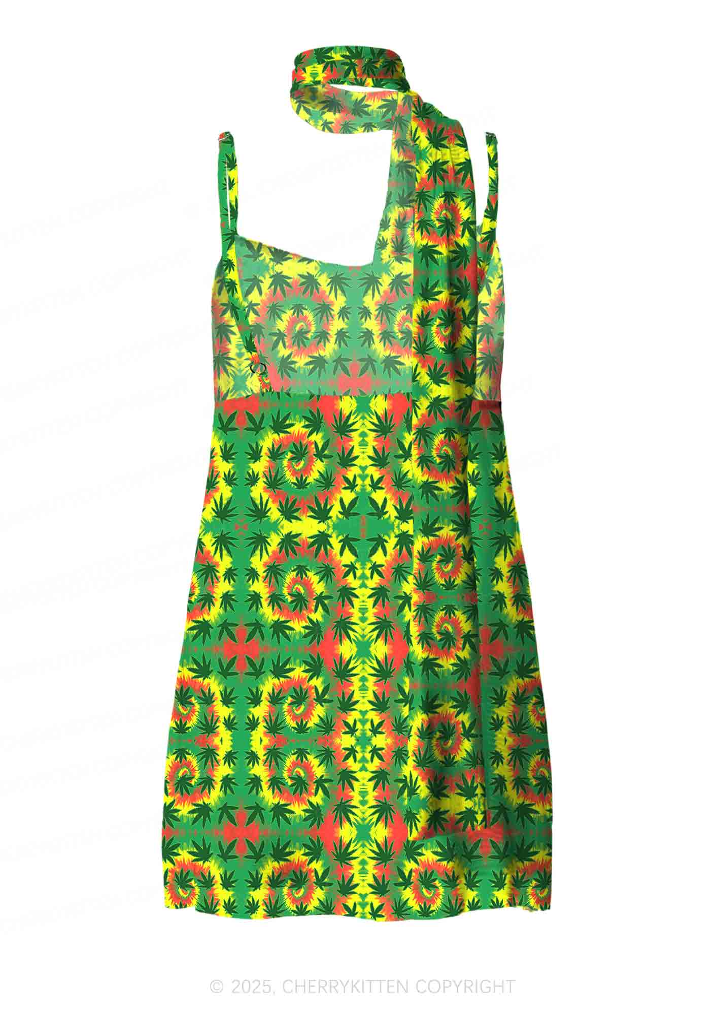 Trippy Leaves Y2K Mesh Slip Dress With Scarf Set Cherrykitten - Image 3