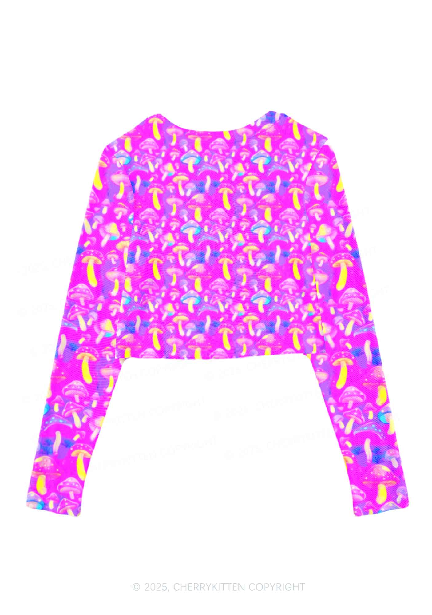 Trippy Mushrooms Y2K Mesh Long Sleeve Crop Top Cherrykitten - Image 2