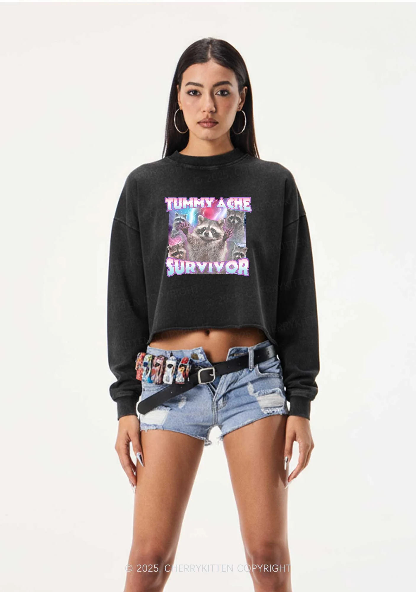 Tummy Ache Survivor Raccoon Y2K Crop Washed Sweatshirts Cherrykitten - Image 2