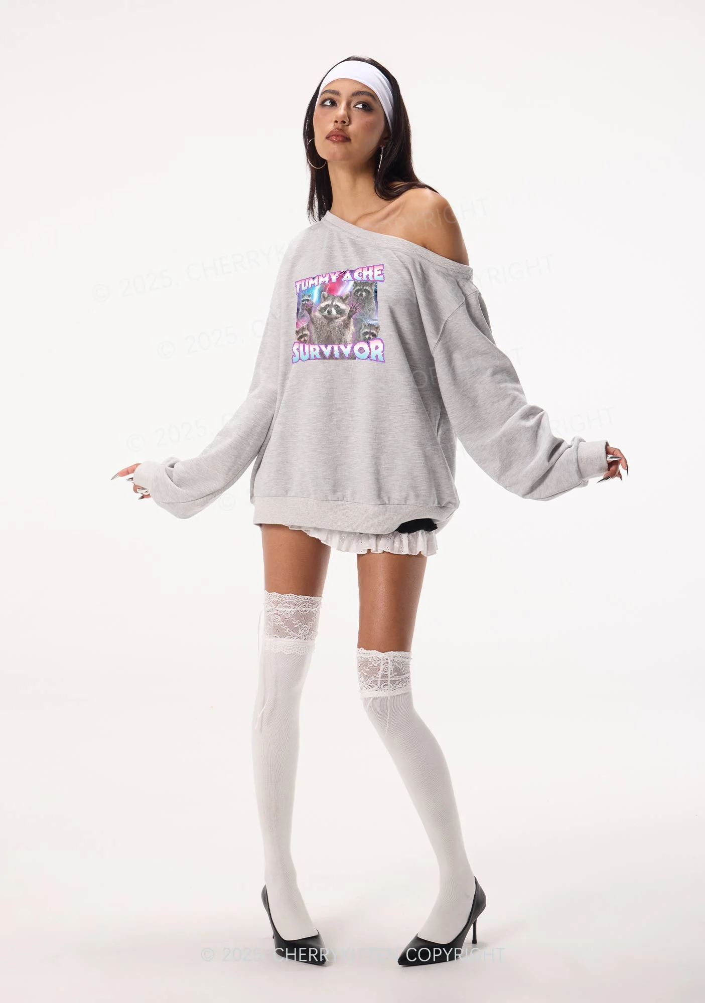 Tummy Ache Survivor Raccoon Y2K Off Shoulder Sweatshirts Cherrykitten - Image 2