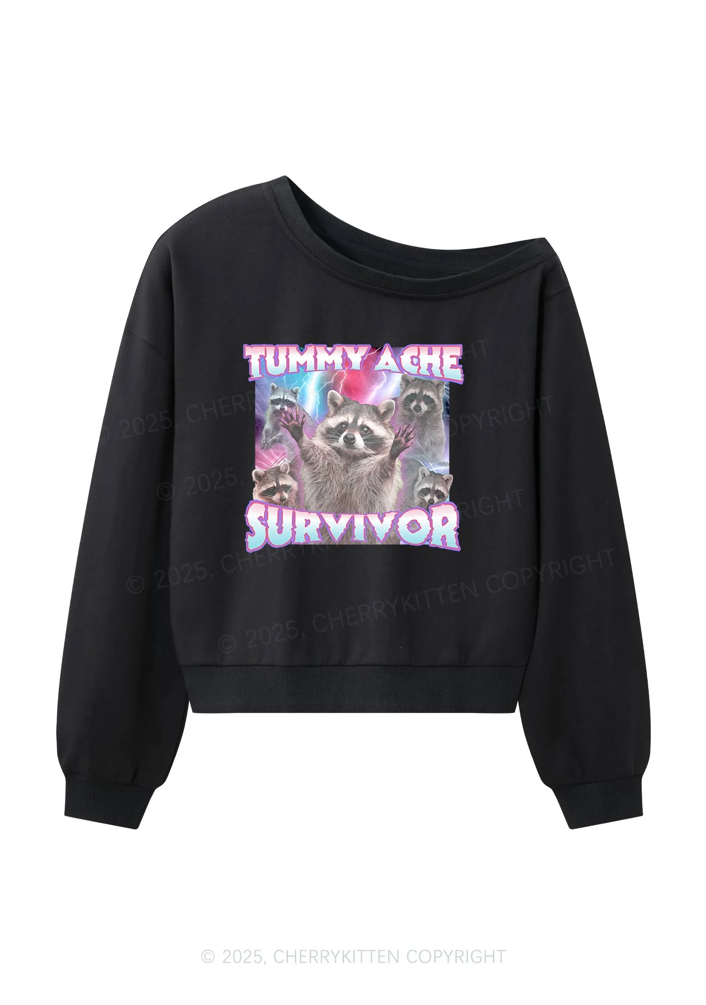 Tummy Ache Survivor Raccoon Y2K Off Shoulder Sweatshirts Cherrykitten - Image 3