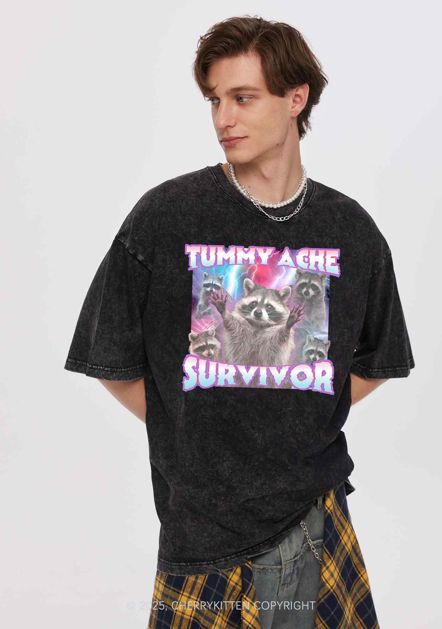 Tummy Ache Survivor Raccoon Y2K Shirts Washed Tee Cherrykitten - Image 2