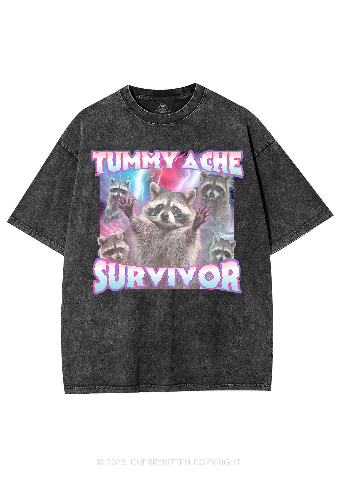 Tummy Ache Survivor Raccoon Y2K Shirts Washed Tee Cherrykitten - Image 3