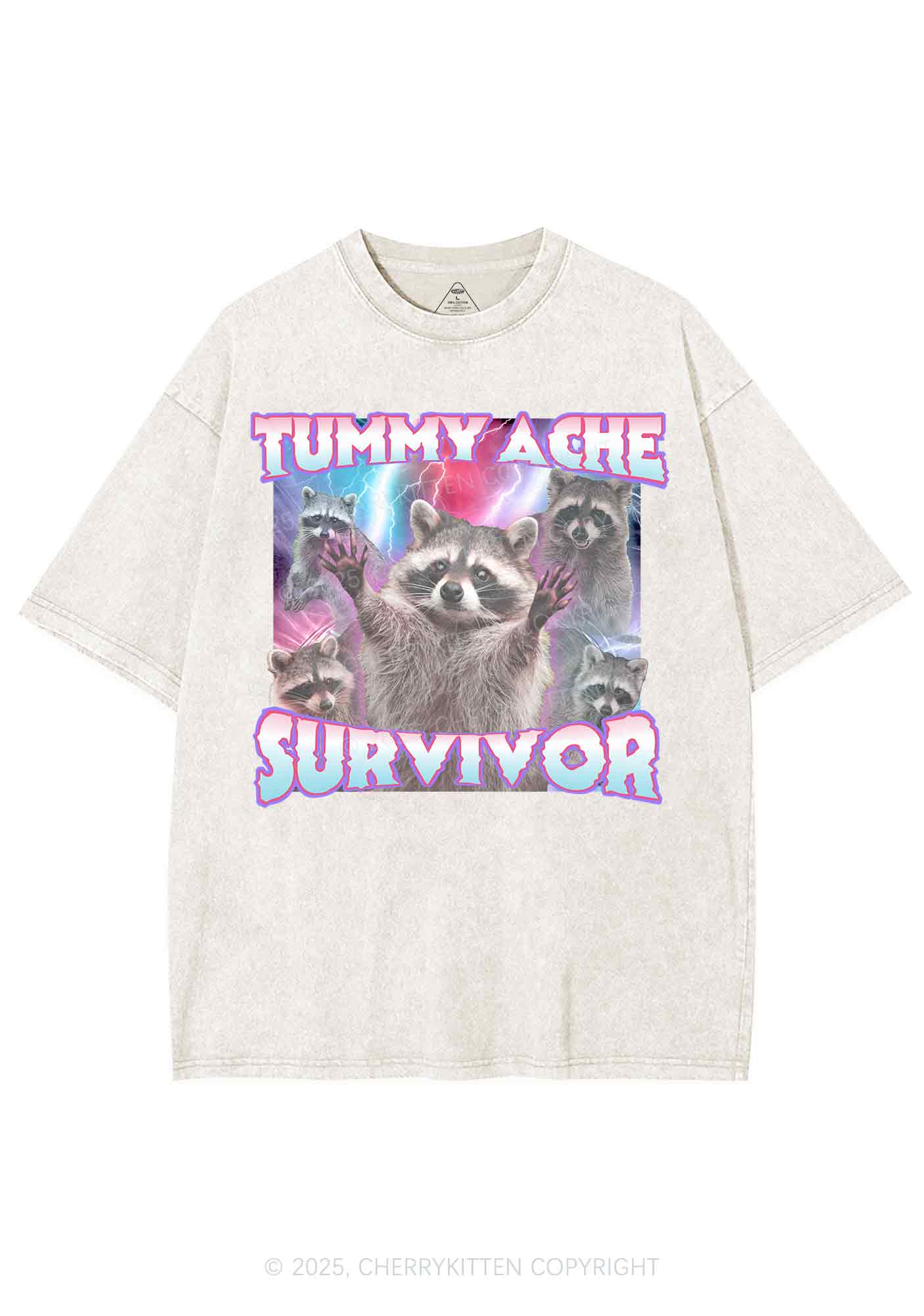 Tummy Ache Survivor Raccoon Y2K Shirts Washed Tee Cherrykitten - Image 5