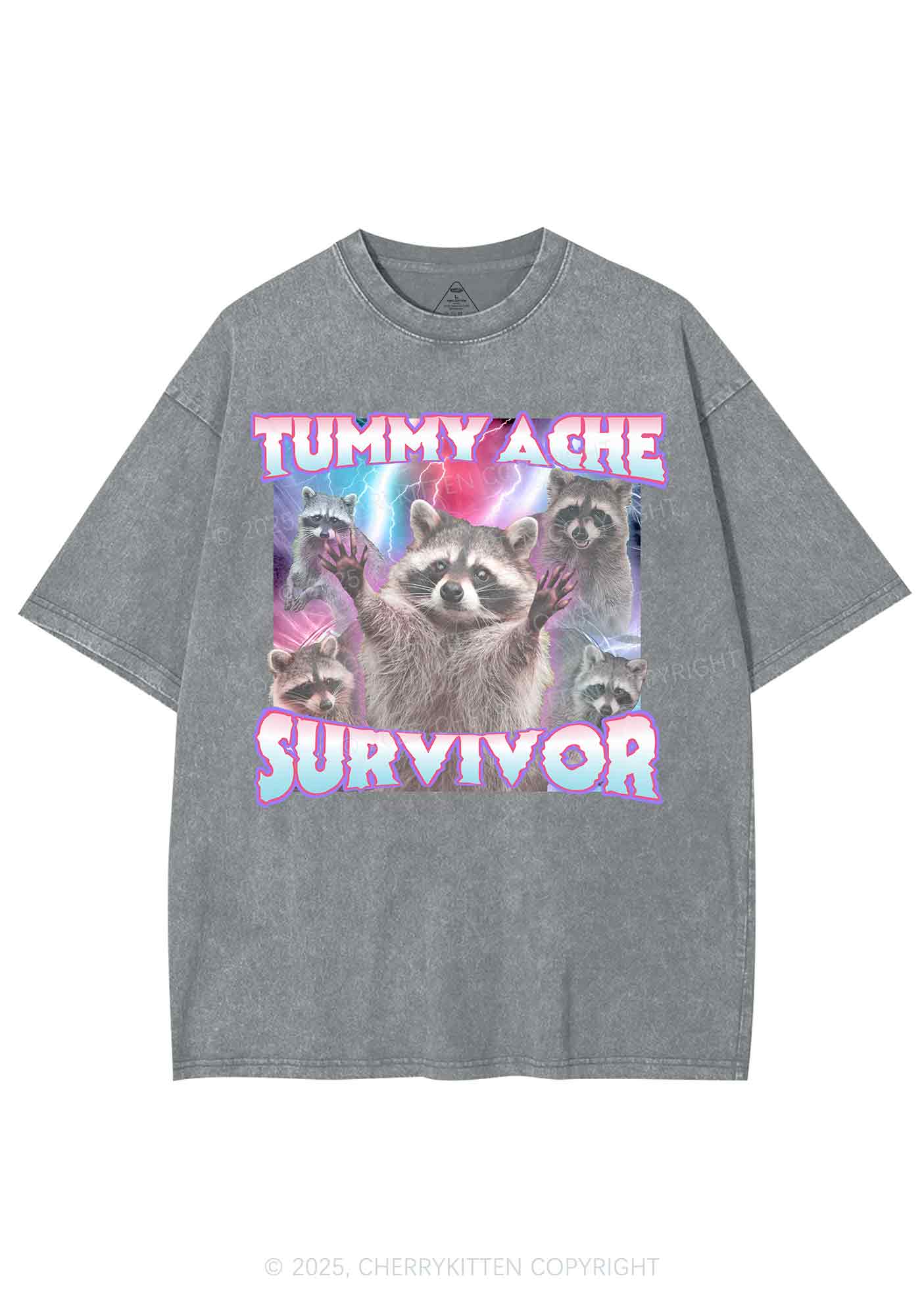 Tummy Ache Survivor Raccoon Y2K Shirts Washed Tee Cherrykitten - Image 6