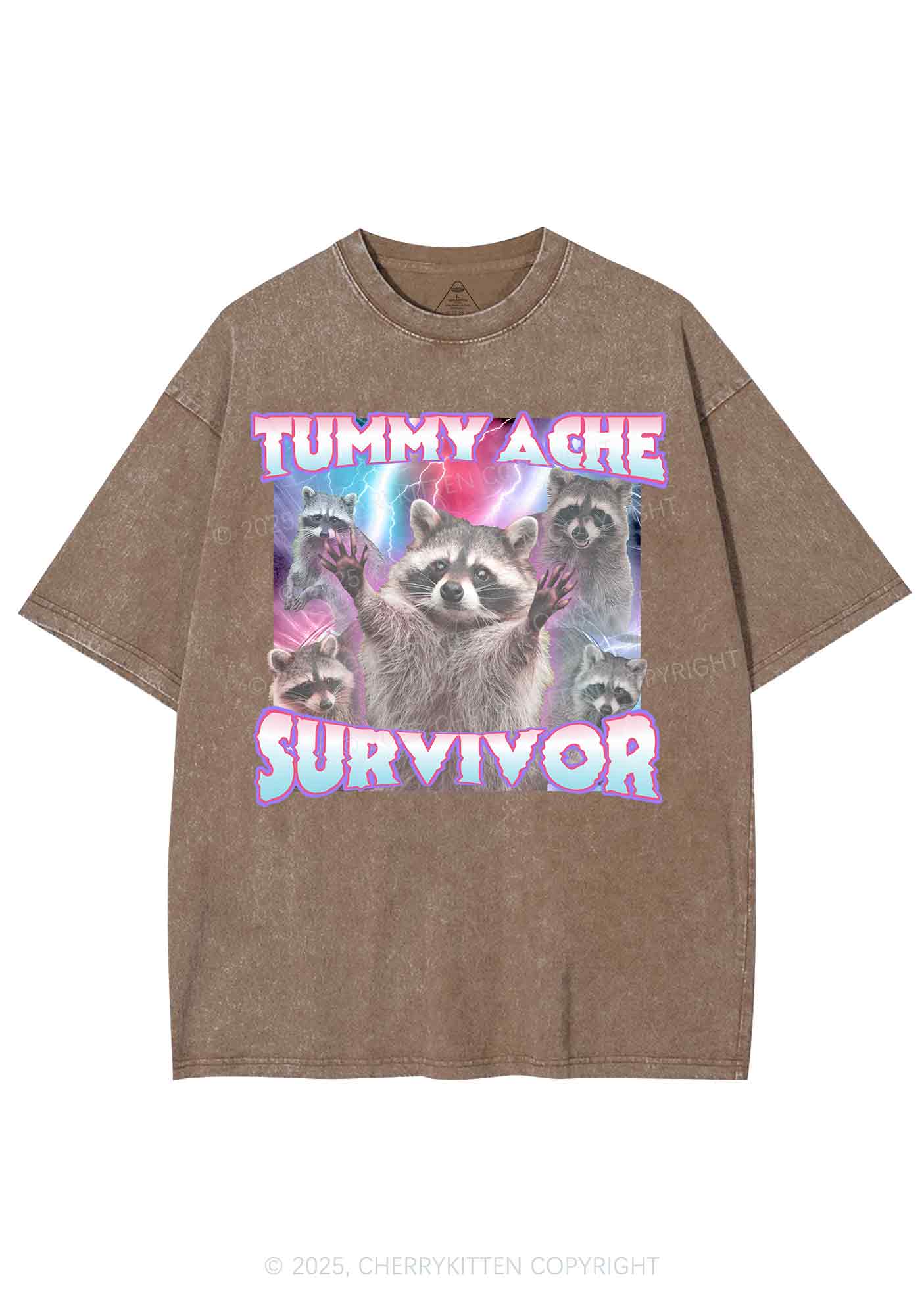 Tummy Ache Survivor Raccoon Y2K Shirts Washed Tee Cherrykitten - Image 7
