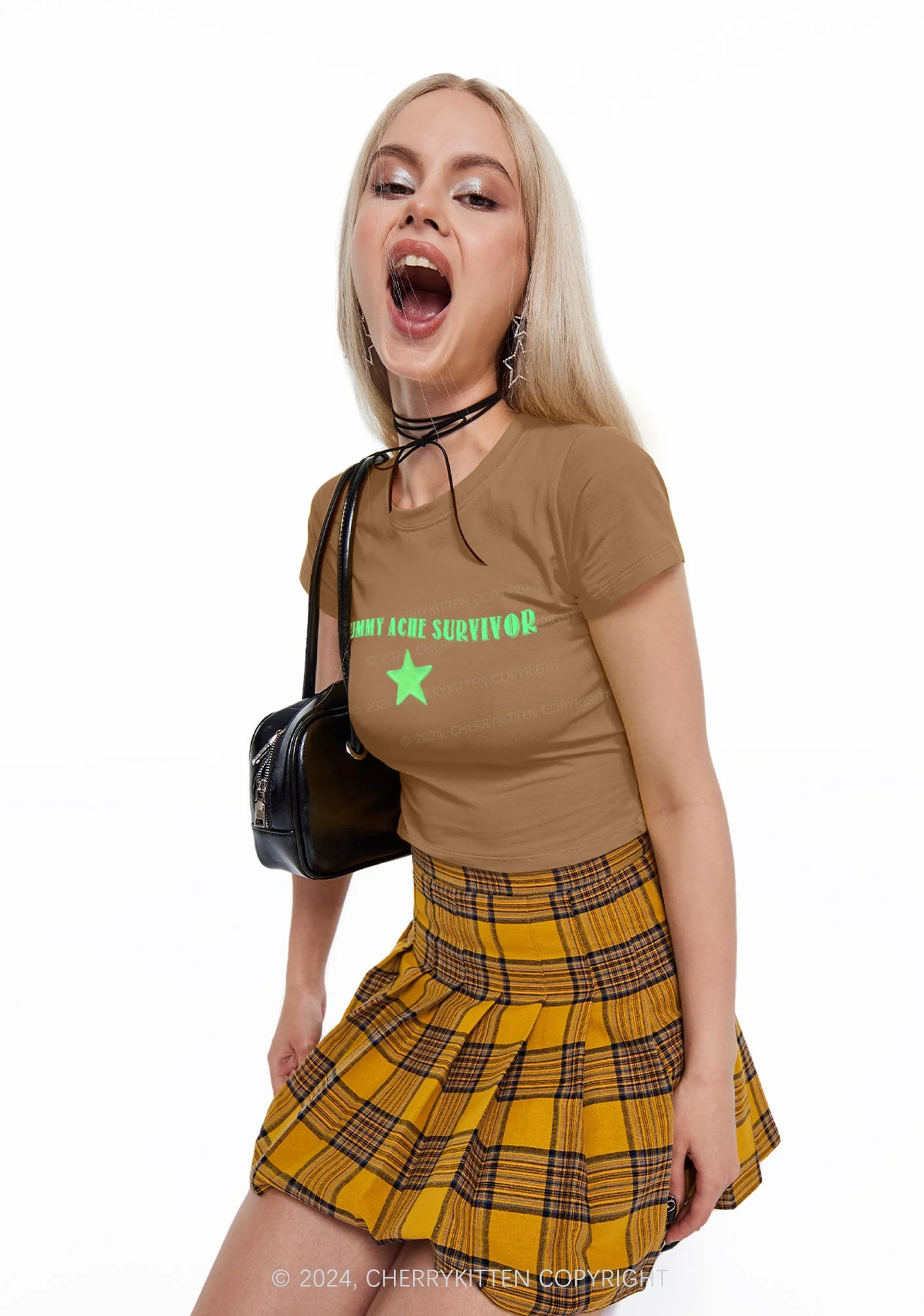 Tummy Ache Survivor Y2K Baby Tee Cherrykitten - Image 2