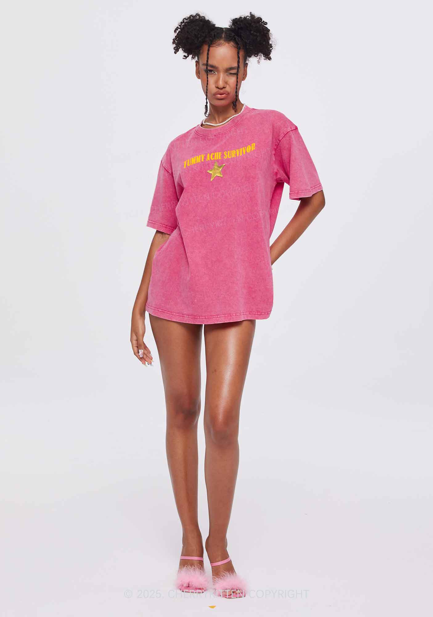 Tummy Ache Survivor Y2K Shirts Washed Tee Cherrykitten - Image 2