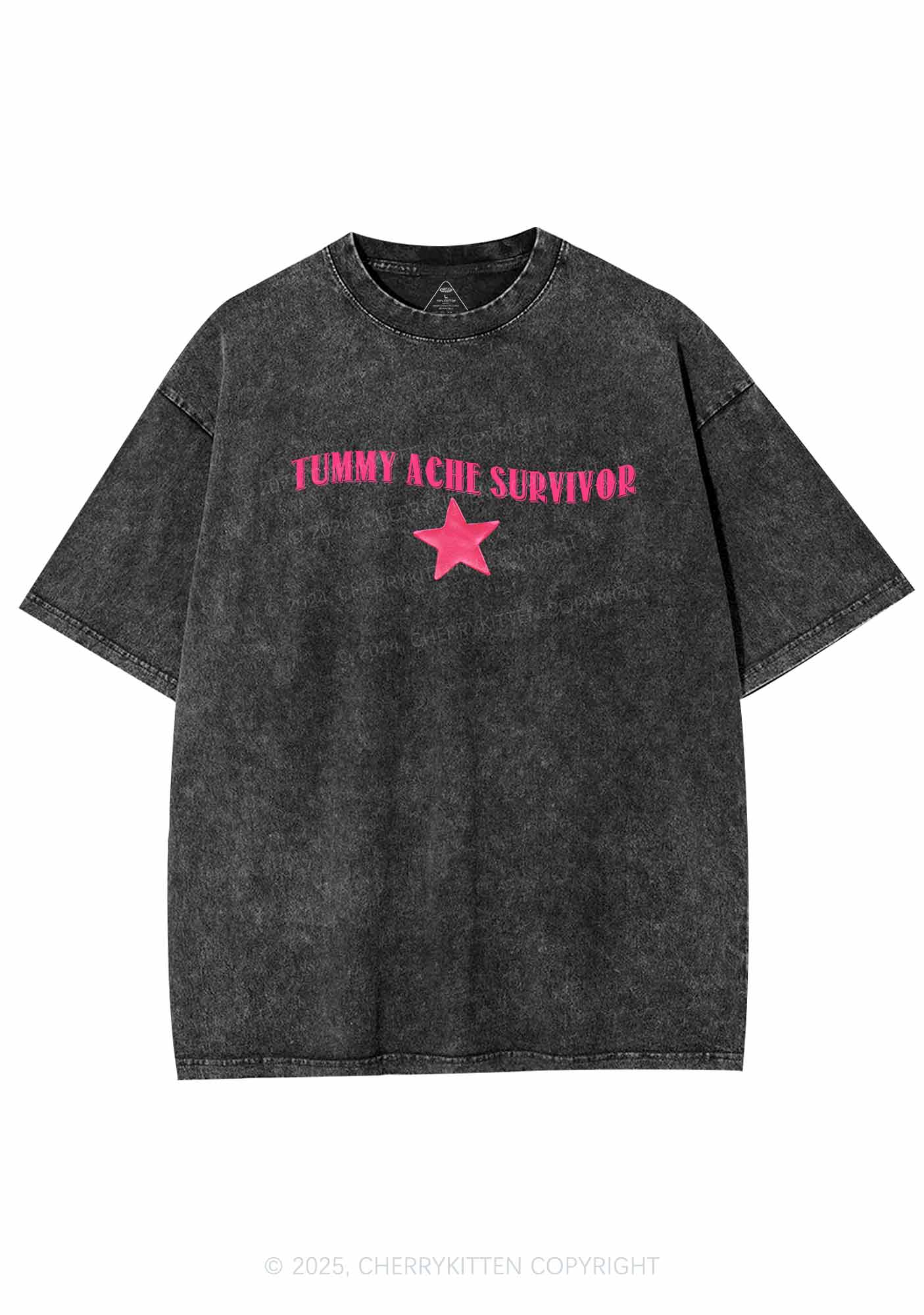 Tummy Ache Survivor Y2K Shirts Washed Tee Cherrykitten - Image 3