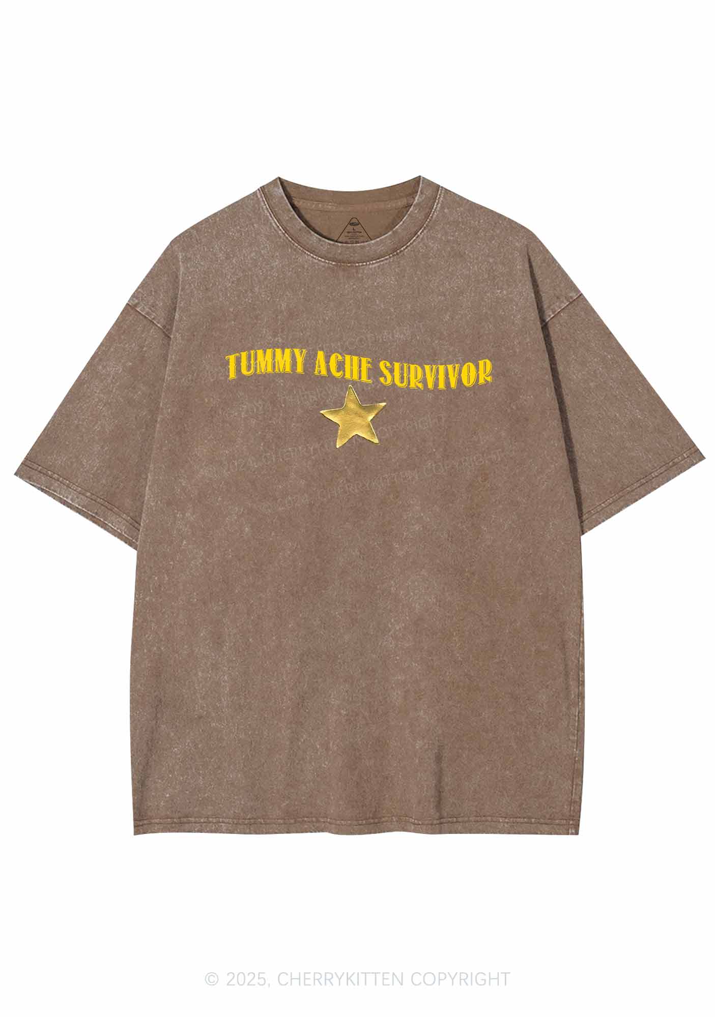 Tummy Ache Survivor Y2K Shirts Washed Tee Cherrykitten - Image 6