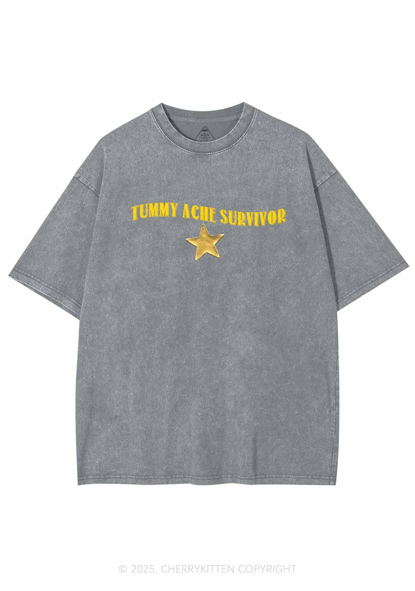 Tummy Ache Survivor Y2K Shirts Washed Tee Cherrykitten - Image 7