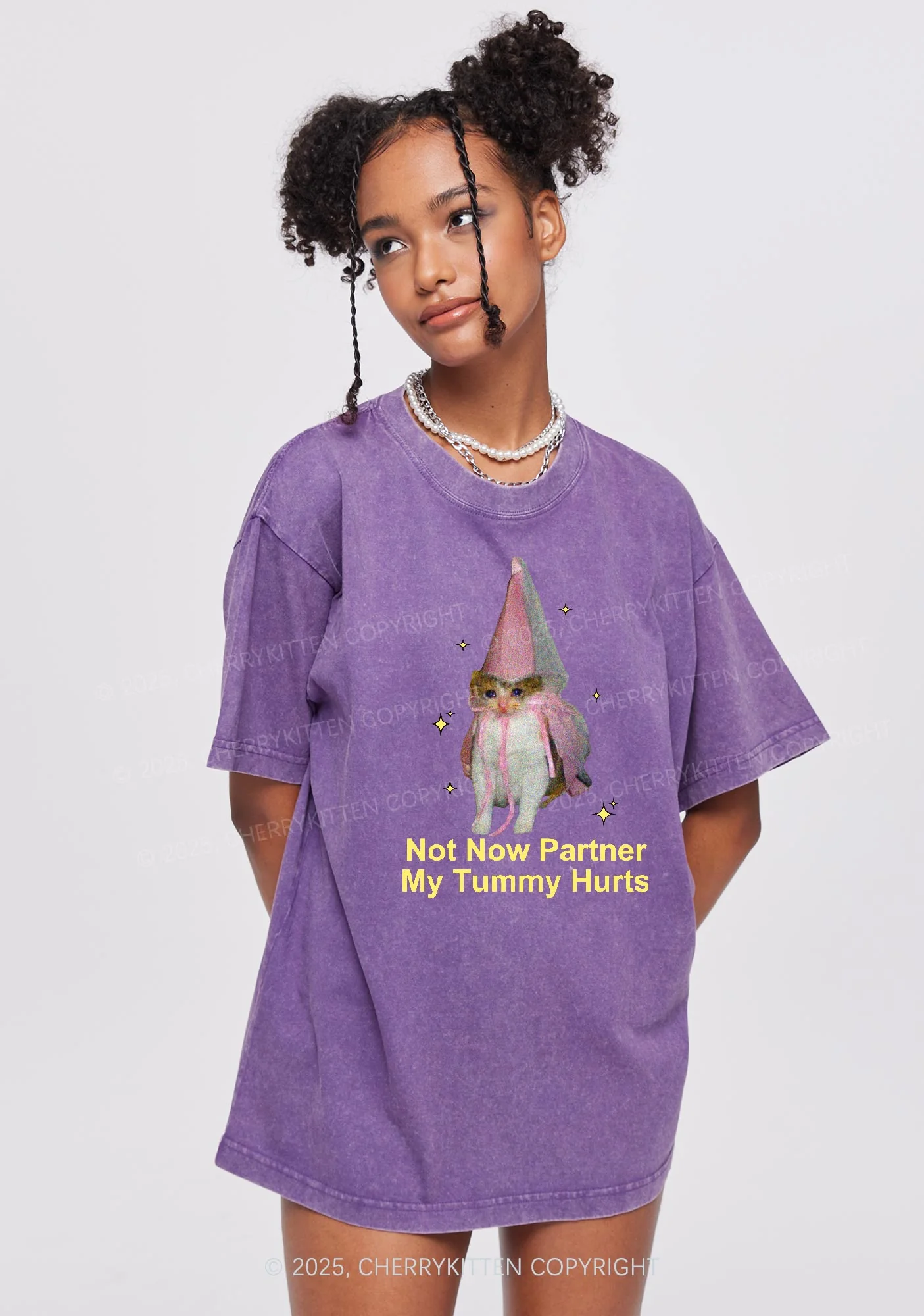Tummy Hurts Cat Y2K Washed Tee Cherrykitten - Image 2