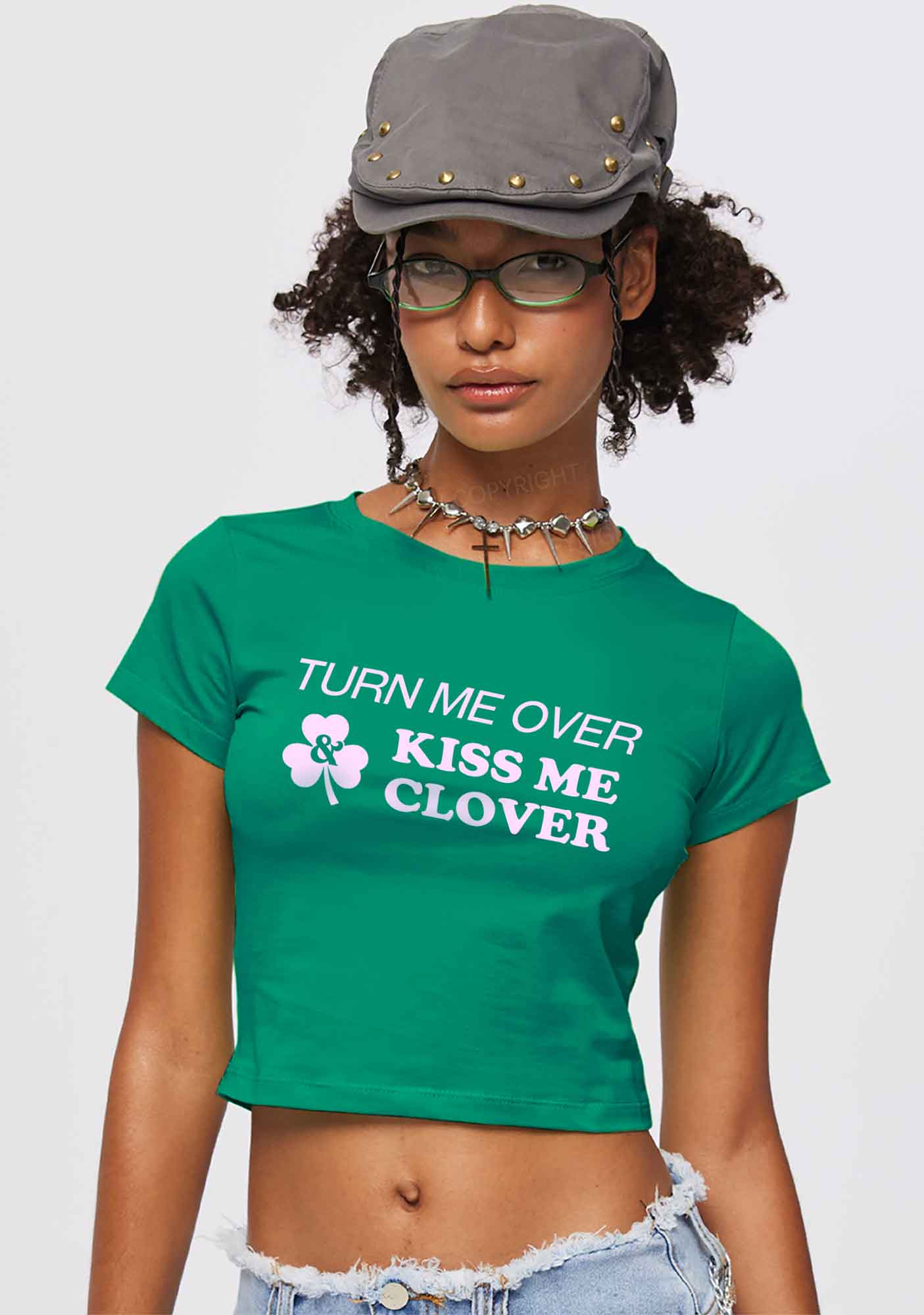 Turn Me Over Kiss Me Clover St Patricks Y2K Baby Tee Cherrykitten - Image 2