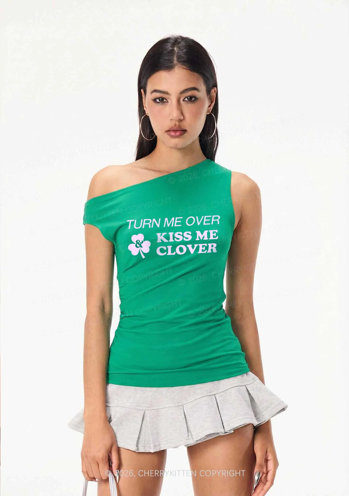 Turn Me Over Kiss Me Clover St Patricks Y2K Off Shoulder Tank Top Cherrykitten - Image 2