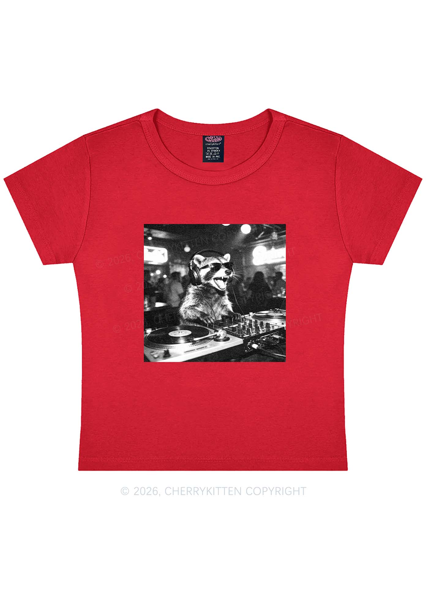 Vintage DJ Raccoon Y2K Baby Tee Cherrykitten - Image 11