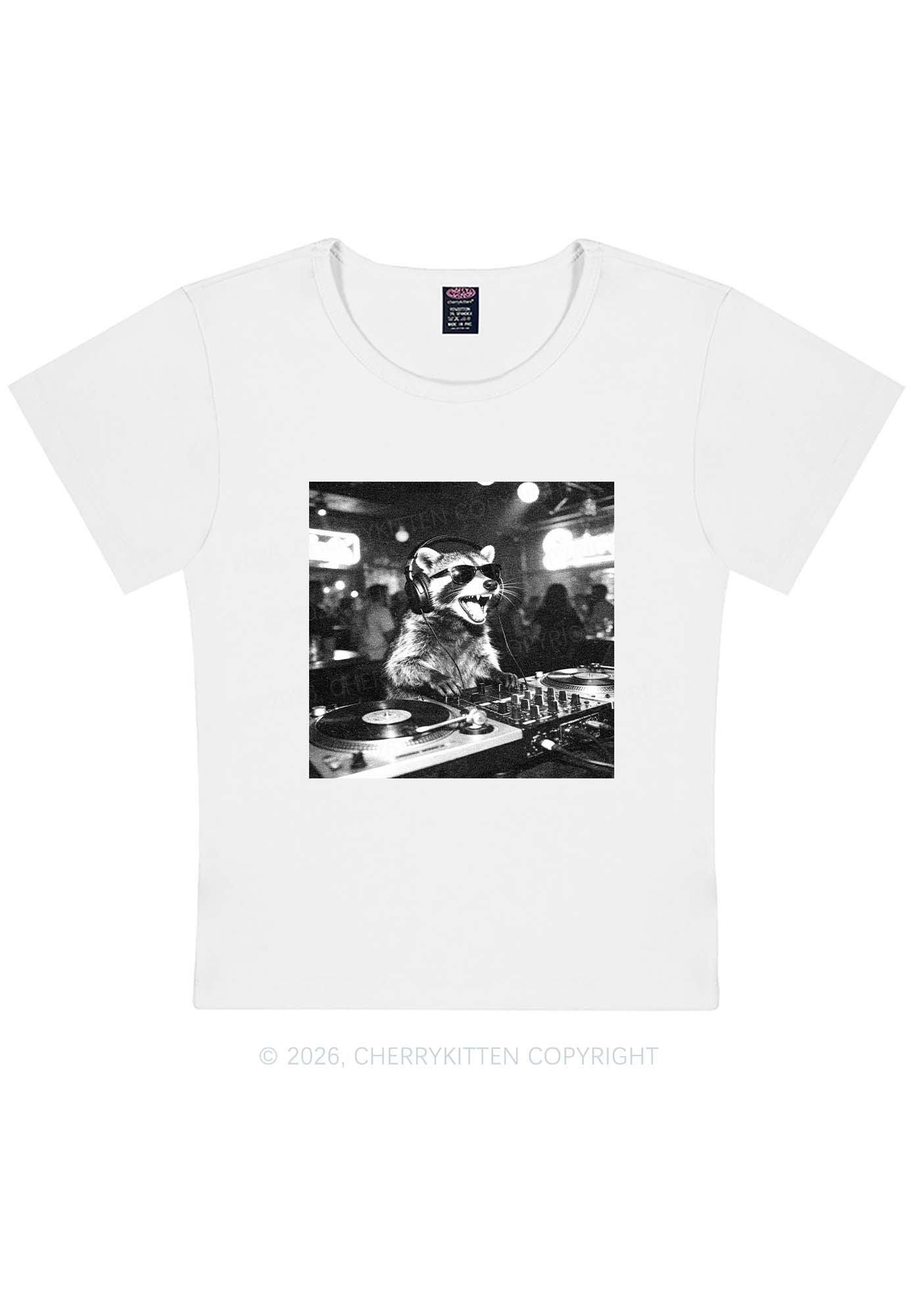 Vintage DJ Raccoon Y2K Baby Tee Cherrykitten - Image 3