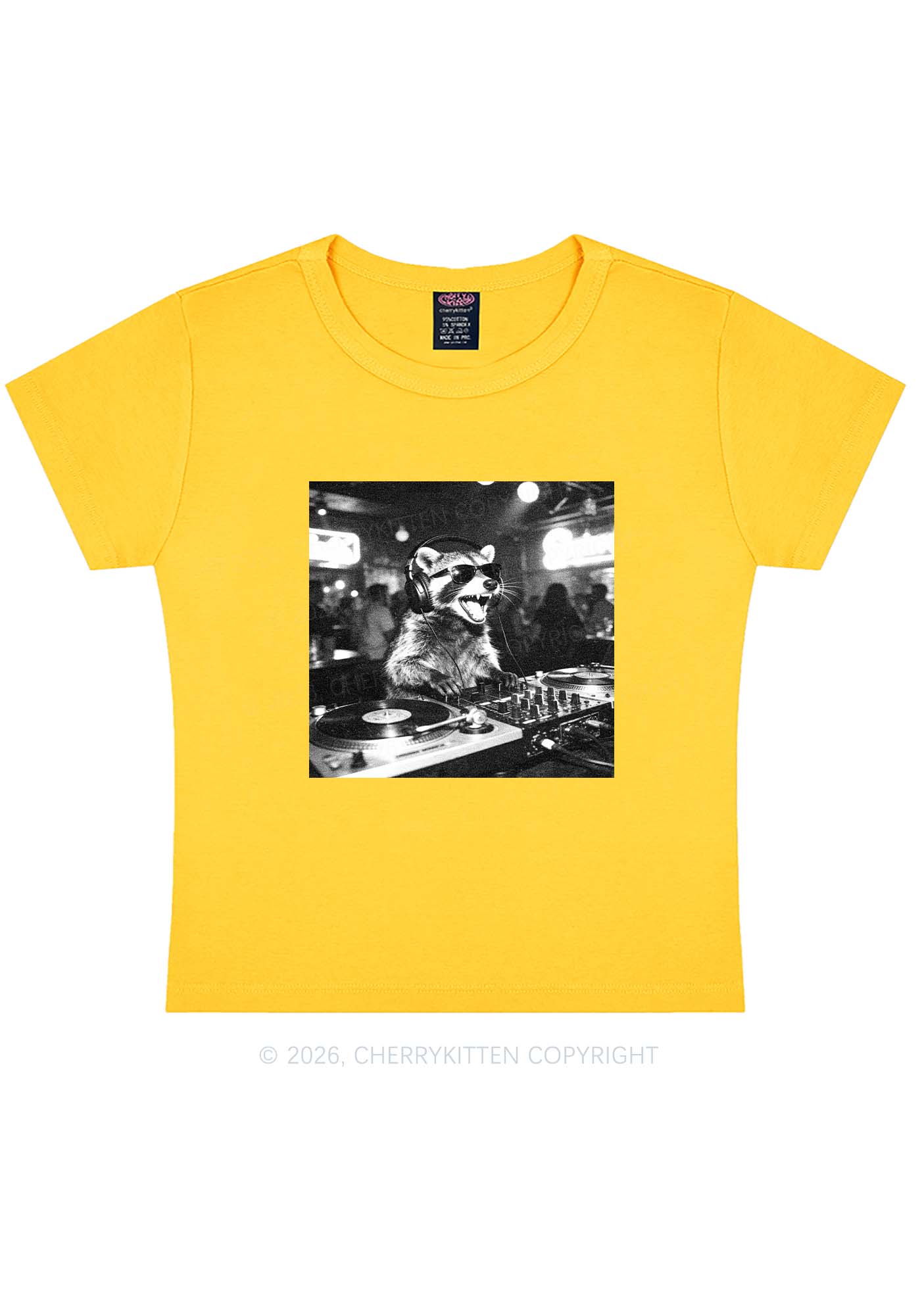 Vintage DJ Raccoon Y2K Baby Tee Cherrykitten - Image 6