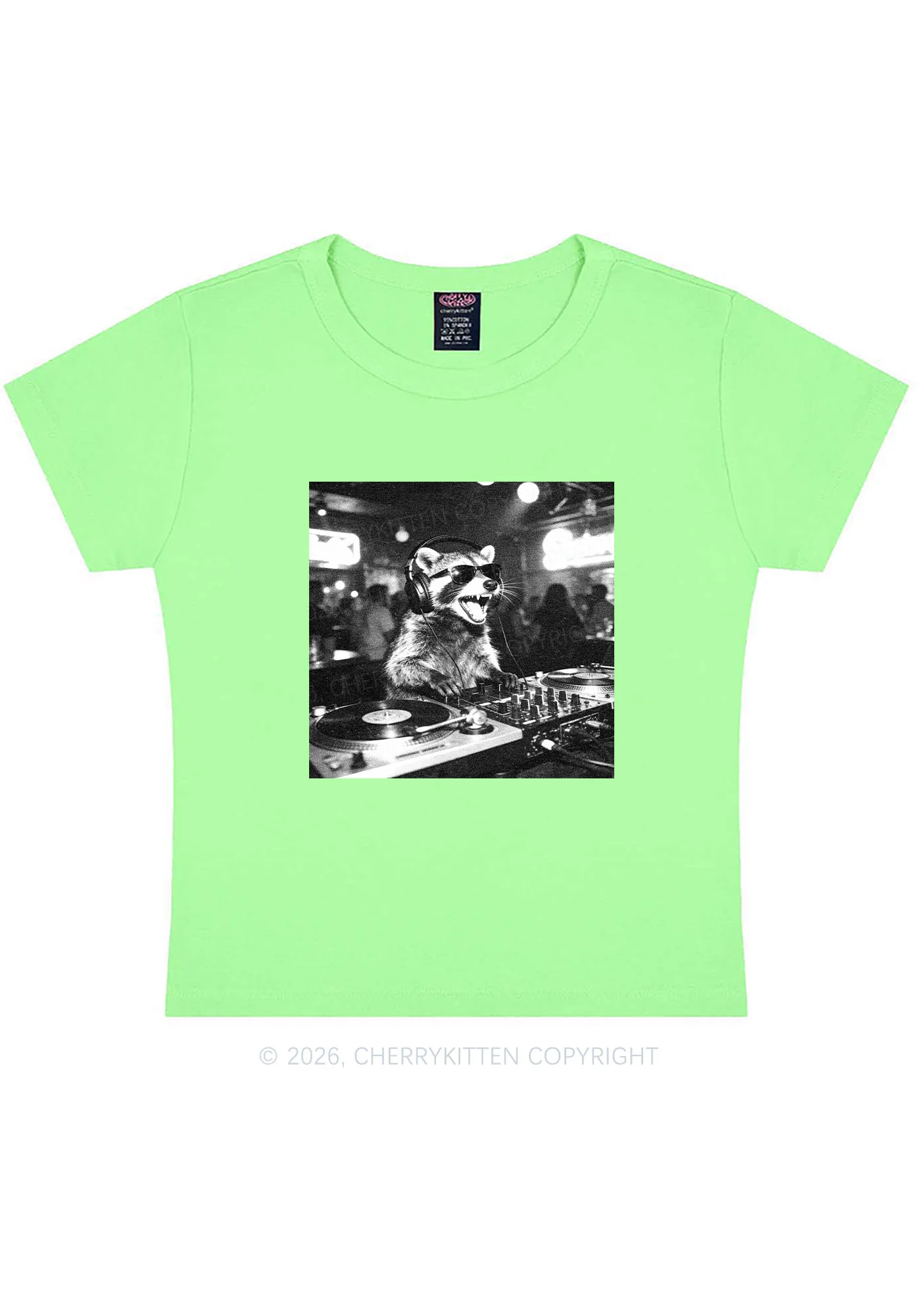 Vintage DJ Raccoon Y2K Baby Tee Cherrykitten - Image 9