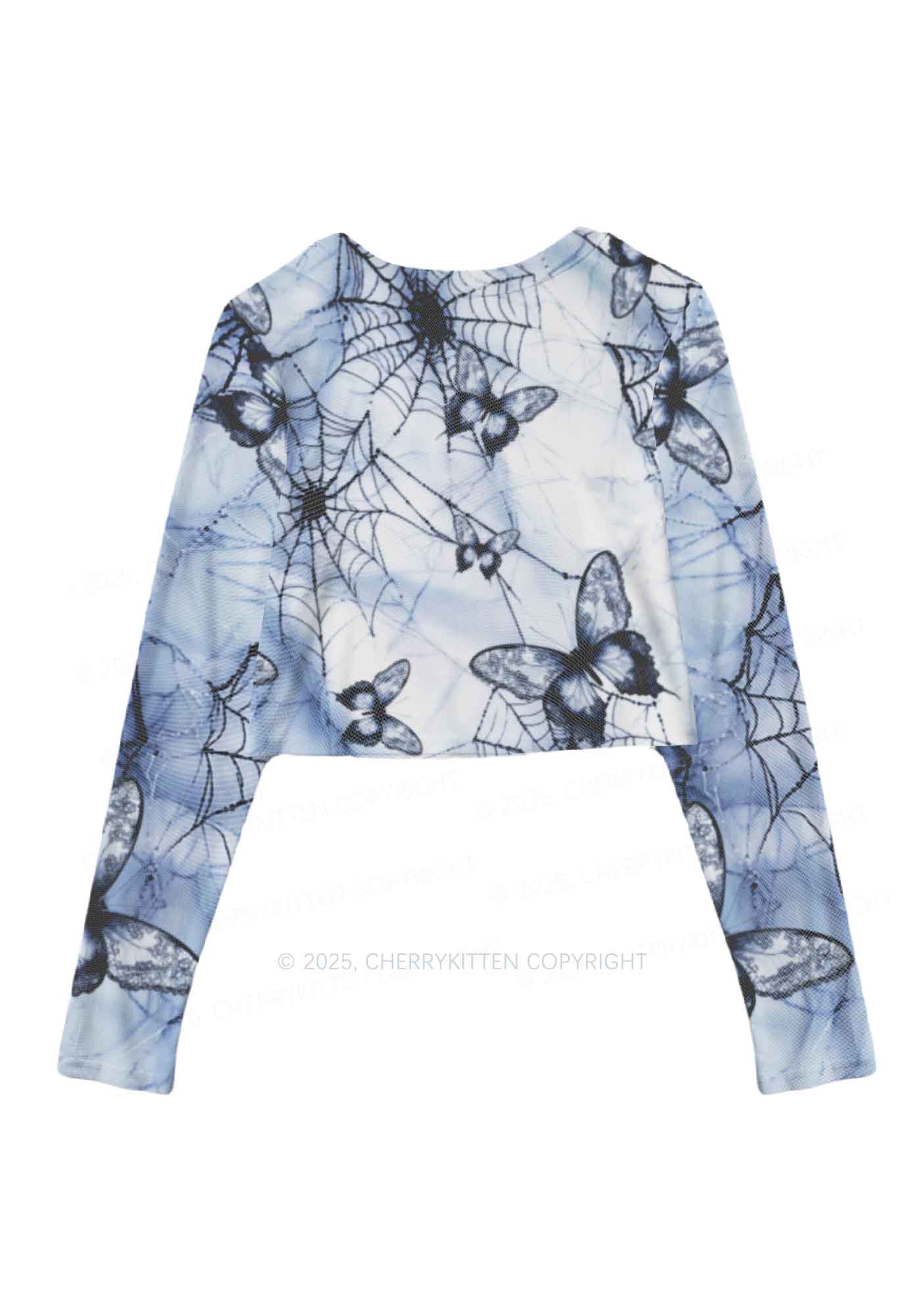 Web And Butterflies Y2K Mesh Long Sleeve Crop Top Cherrykitten - Image 3