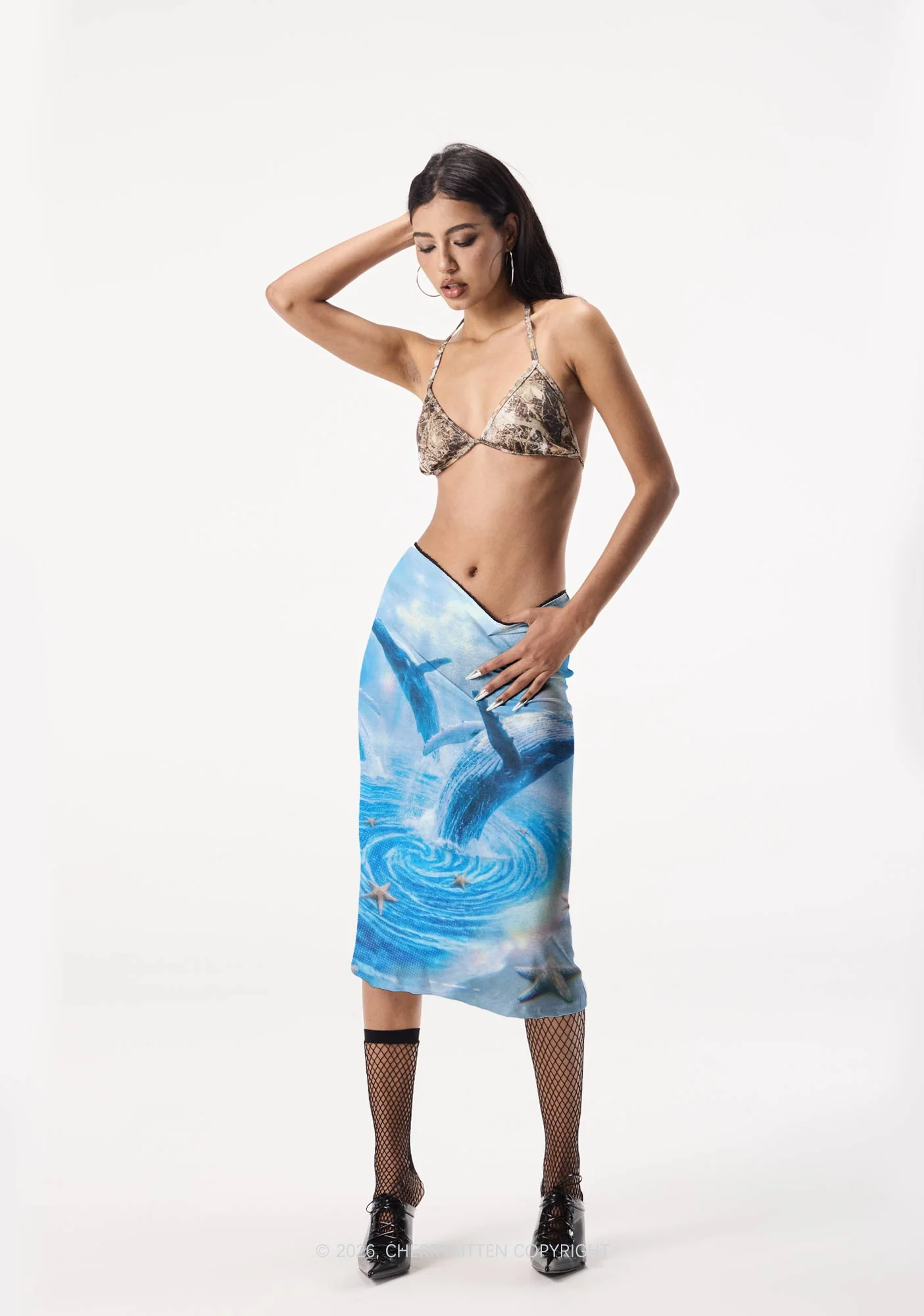Whale Starfish Y2K Print Midi Skirt Cherrykitten - Image 2