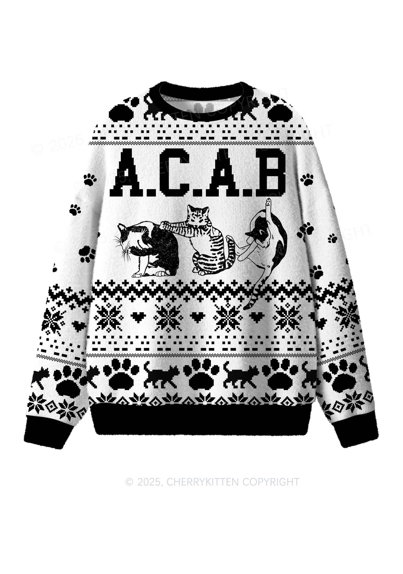 White ACAB Cats Y2K Christmas Knit Sweatshirt Cherrykitten - Image 2