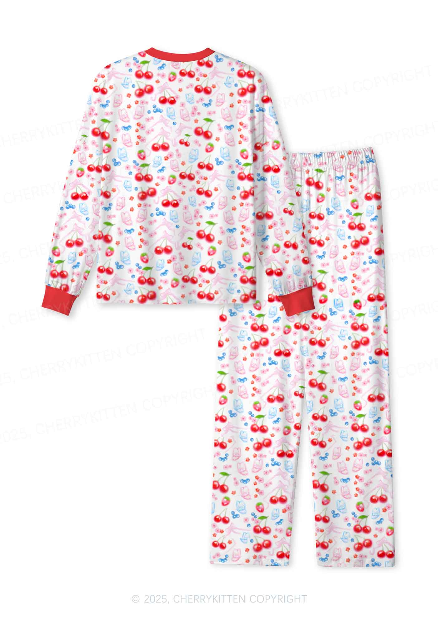 White Cherry Pie Valentine's Day Y2K Print Long Sleeve Pajama Set Cherrykitten - Image 2