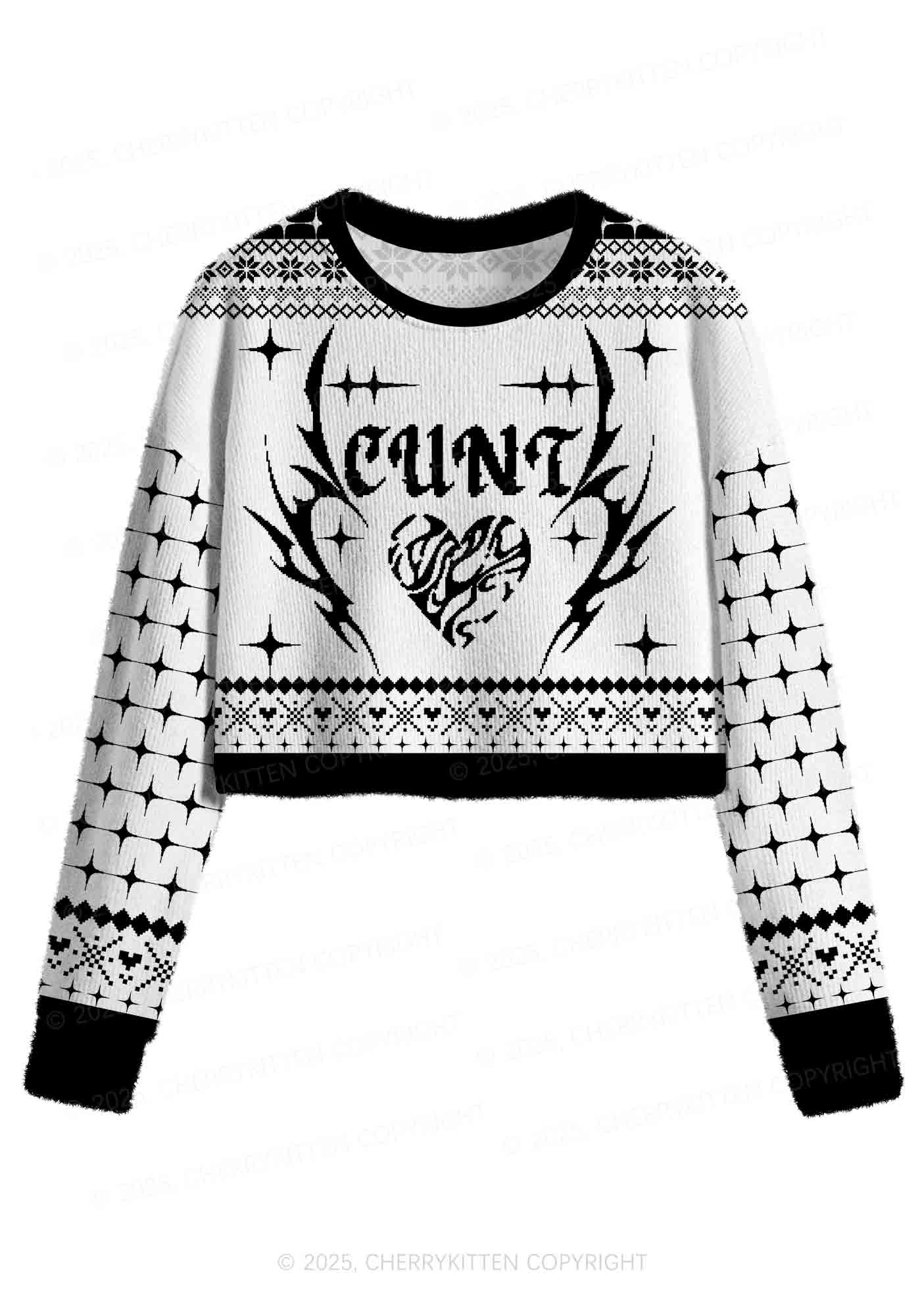 White Cxxt Y2K Christmas Crop Knit Sweatshirt Cherrykitten - Image 2