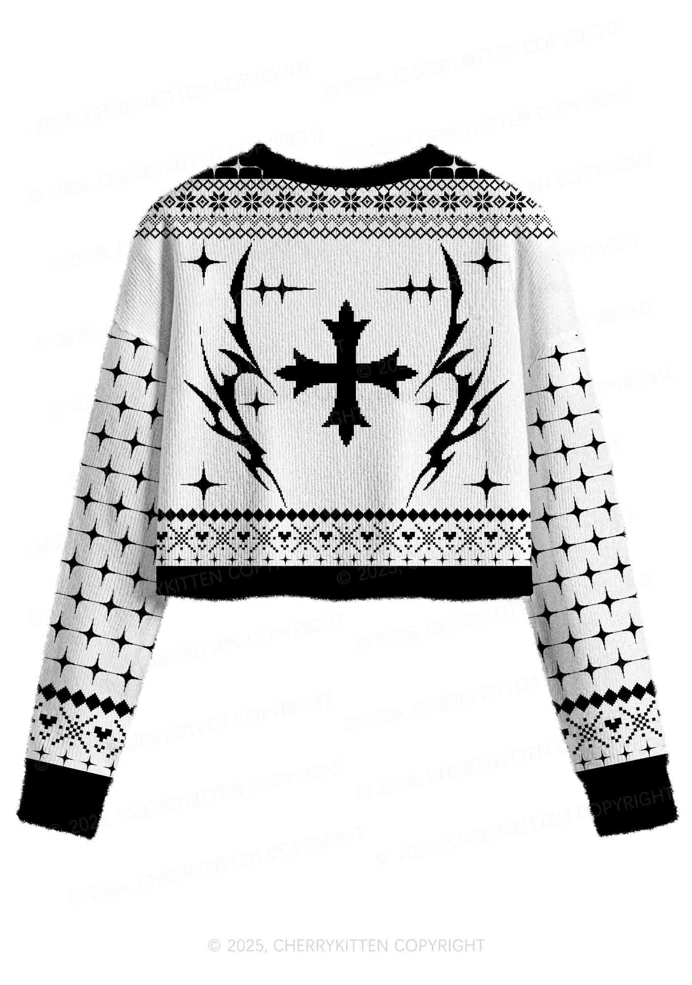 White Cxxt Y2K Christmas Crop Knit Sweatshirt Cherrykitten - Image 3