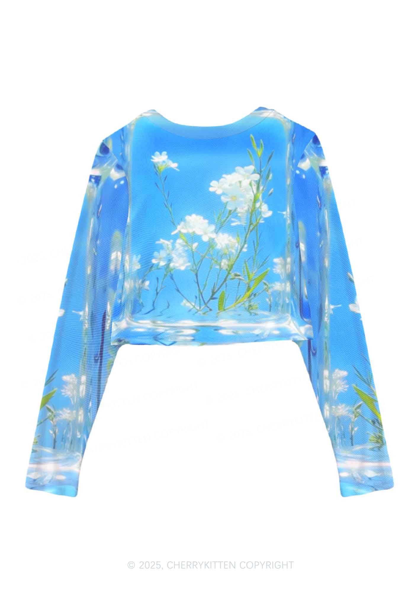 White Flowers Y2K Mesh Long Sleeve Crop Top Cherrykitten - Image 2