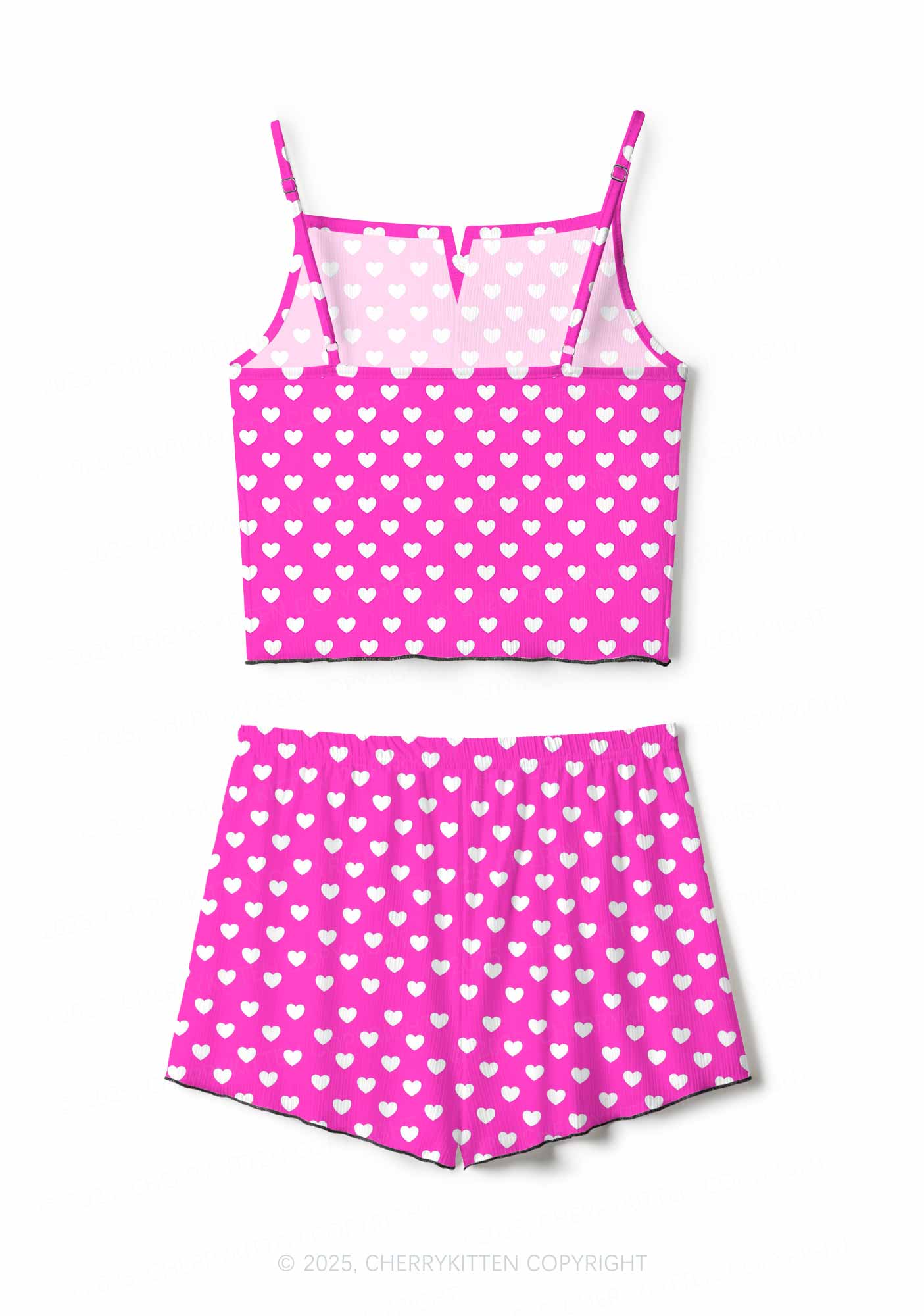 White Heart On Pink Valentine's Day Y2K Print Cami Shorts Pajama Set Cherrykitten - Image 2