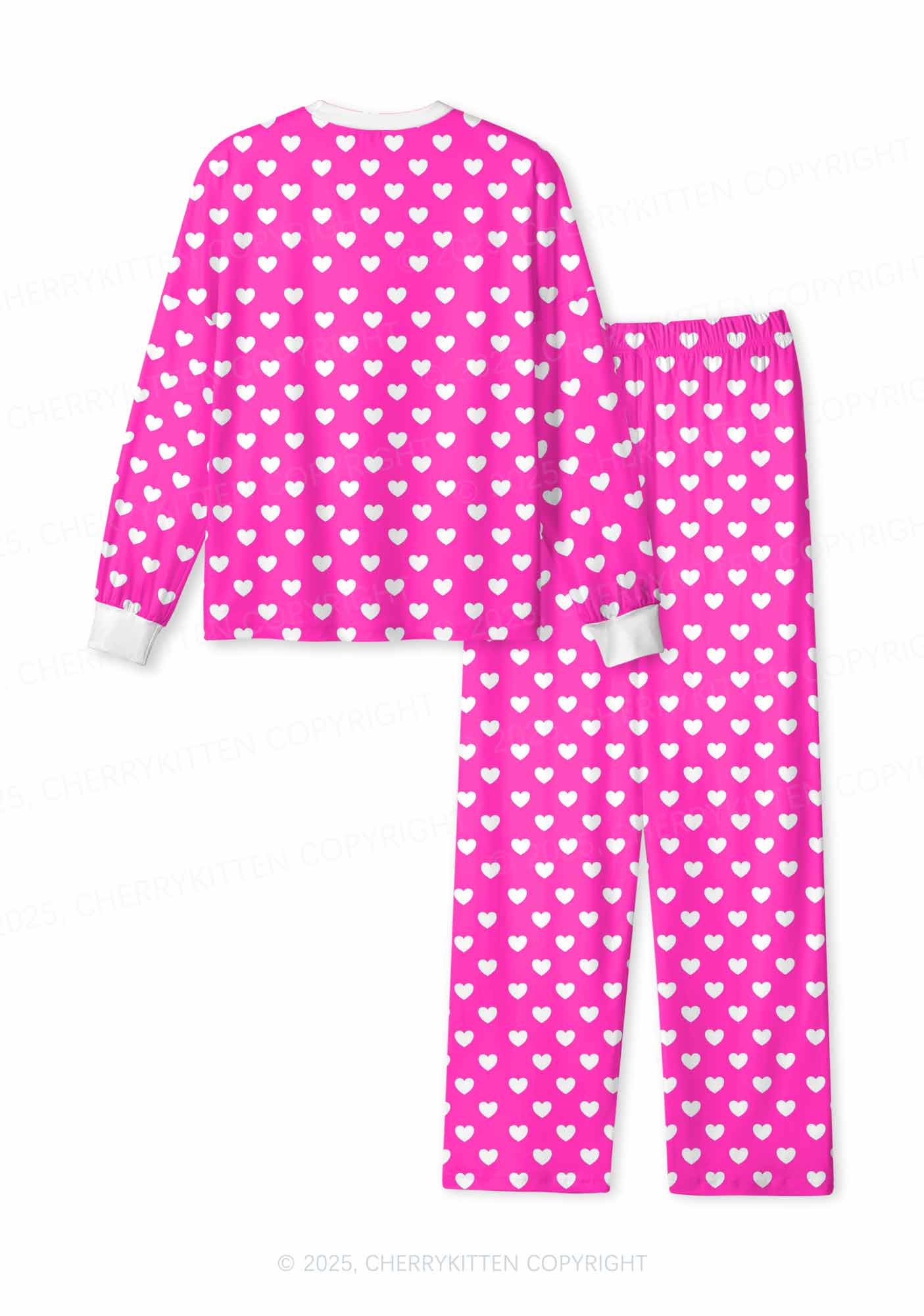White Heart On Pink Valentine's Day Y2K Print Long Sleeve Pajama Set Cherrykitten - Image 2