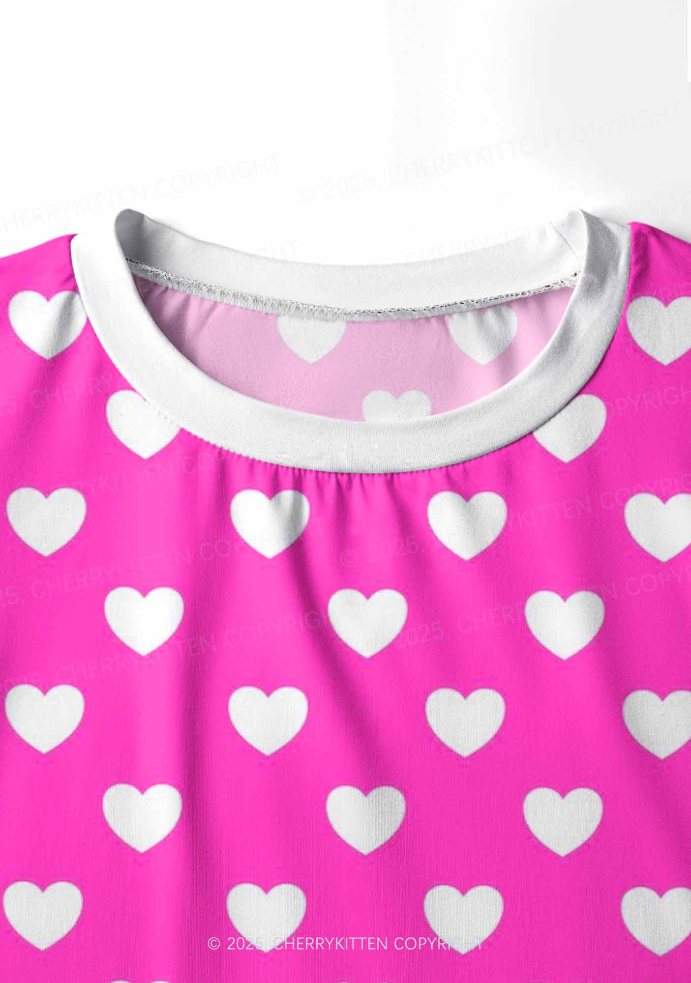 White Heart On Pink Valentine's Day Y2K Print Long Sleeve Pajama Set Cherrykitten - Image 5
