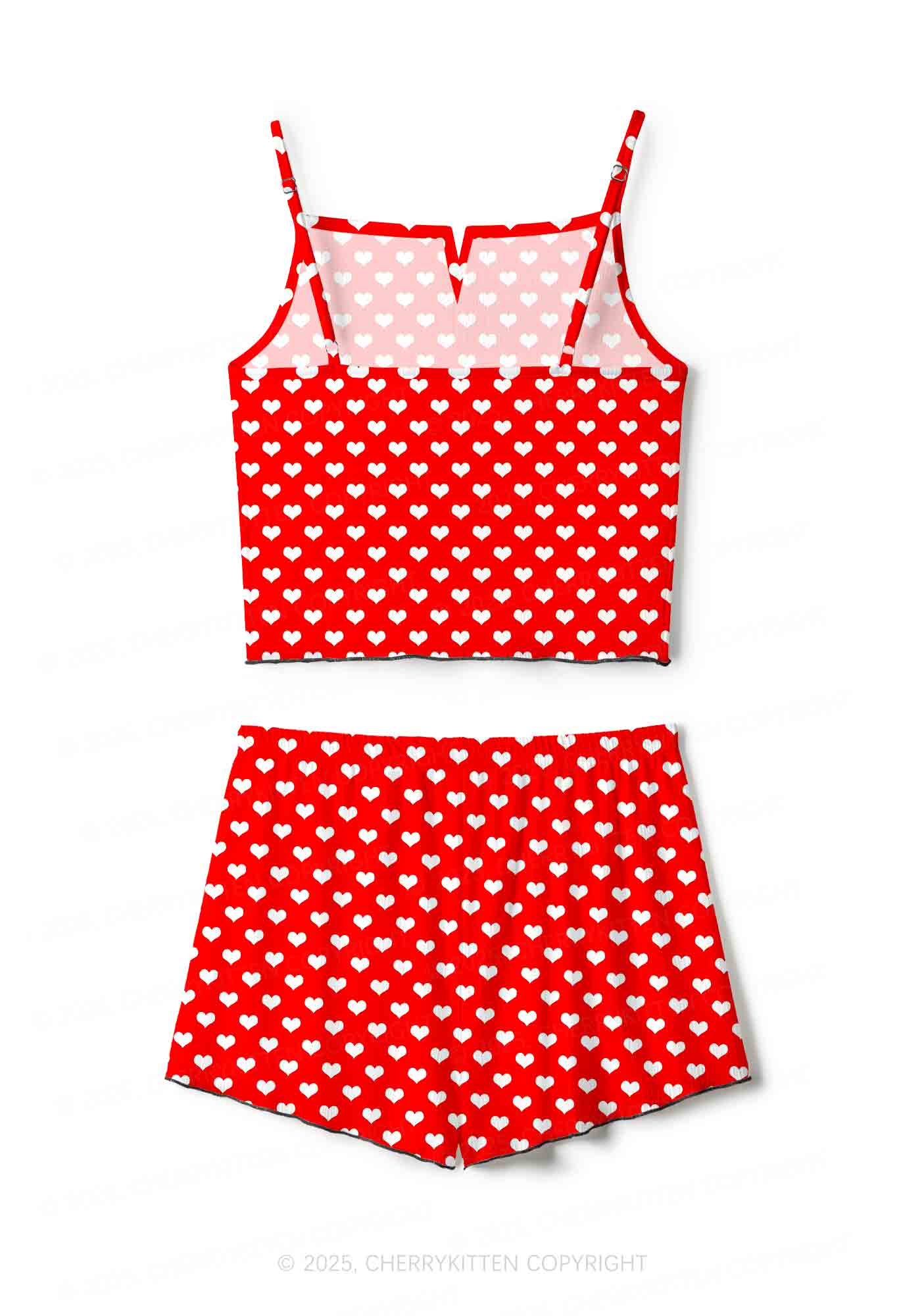 White Heart On Red Valentine's Day Y2K Print Cami Shorts Pajama Set Cherrykitten - Image 2
