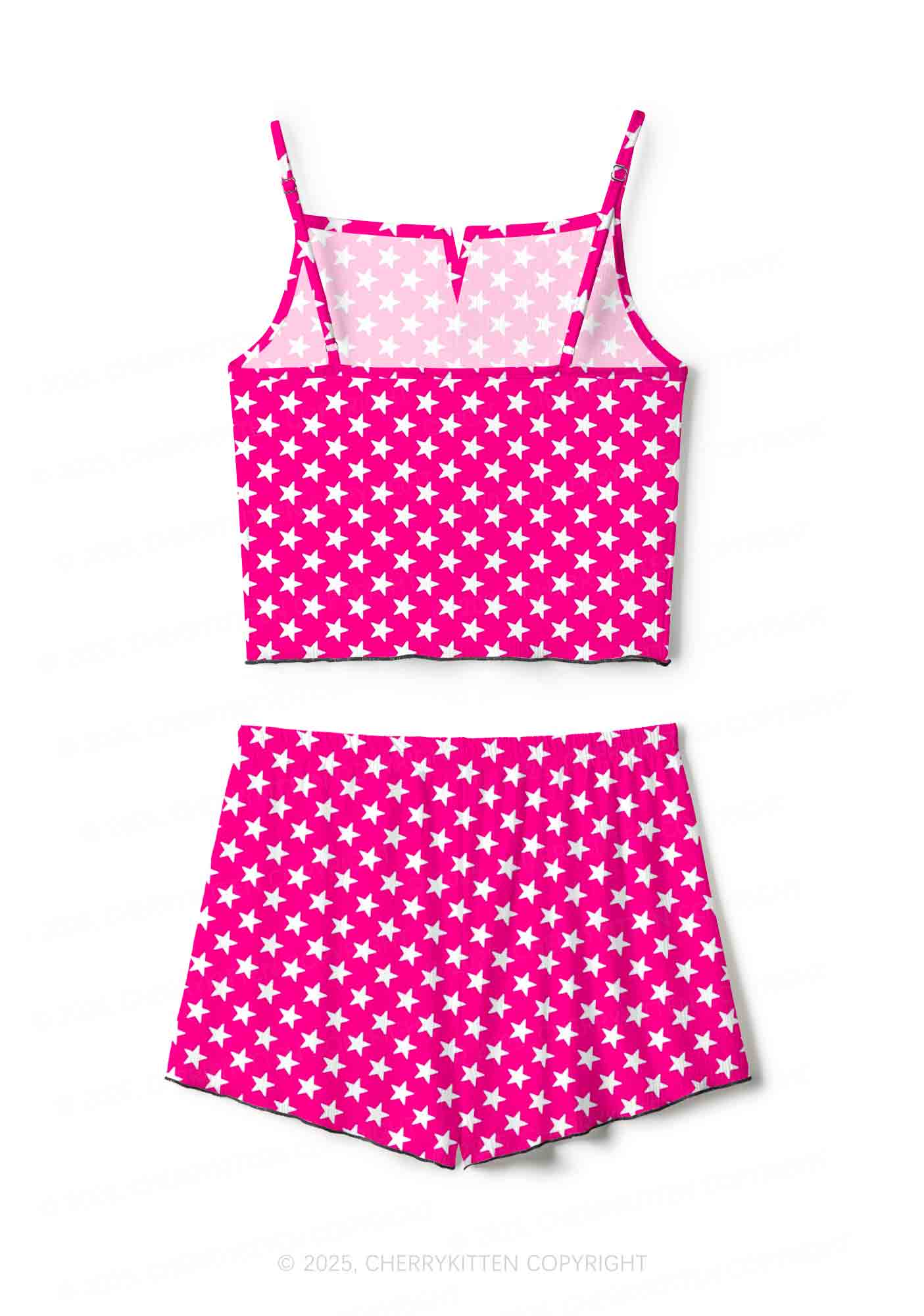 White Stars On Pink Valentine's Day Y2K Print Cami Shorts Pajama Set Cherrykitten - Image 2
