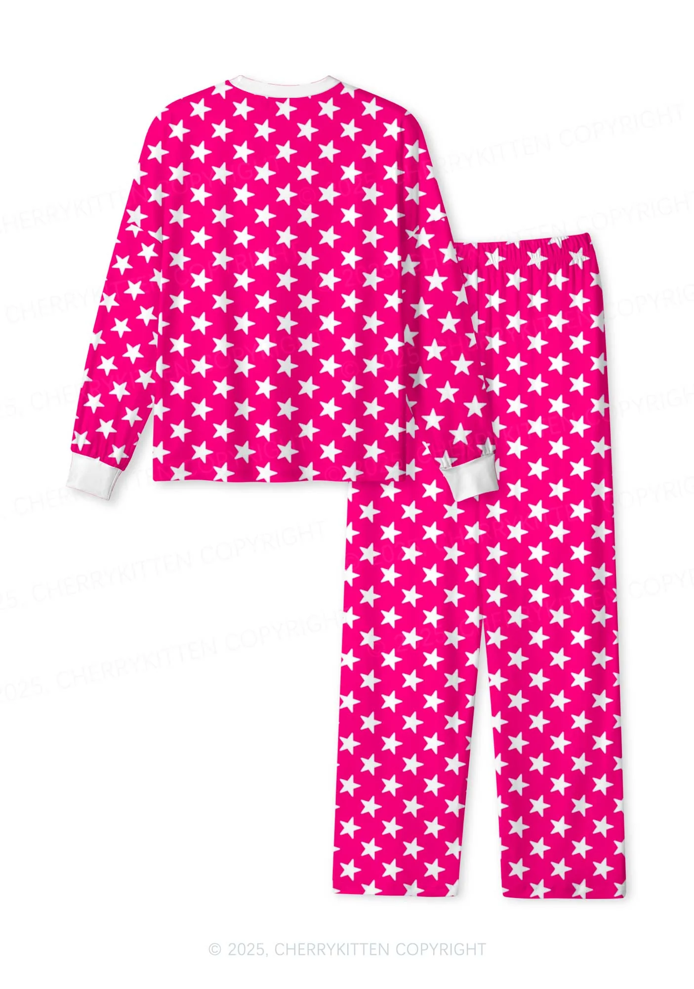 White Stars On Pink Valentine's Day Y2K Print Long Sleeve Pajama Set Cherrykitten - Image 2