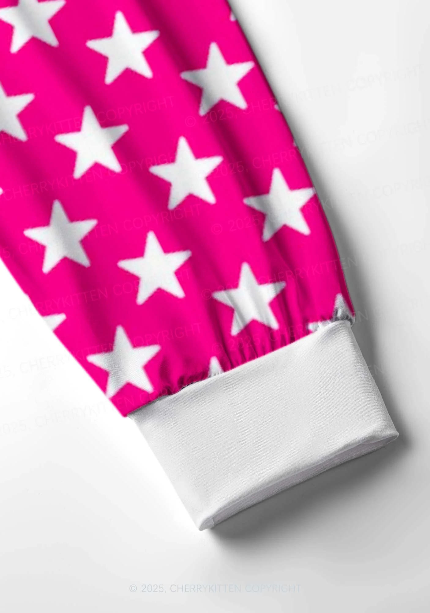White Stars On Pink Valentine's Day Y2K Print Long Sleeve Pajama Set Cherrykitten - Image 4