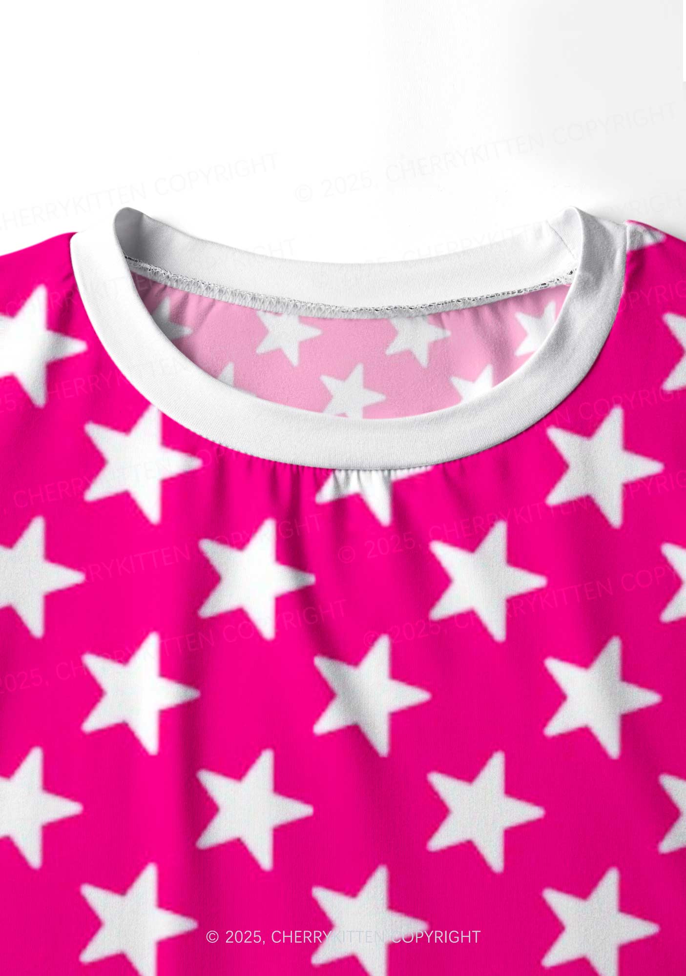 White Stars On Pink Valentine's Day Y2K Print Long Sleeve Pajama Set Cherrykitten - Image 5