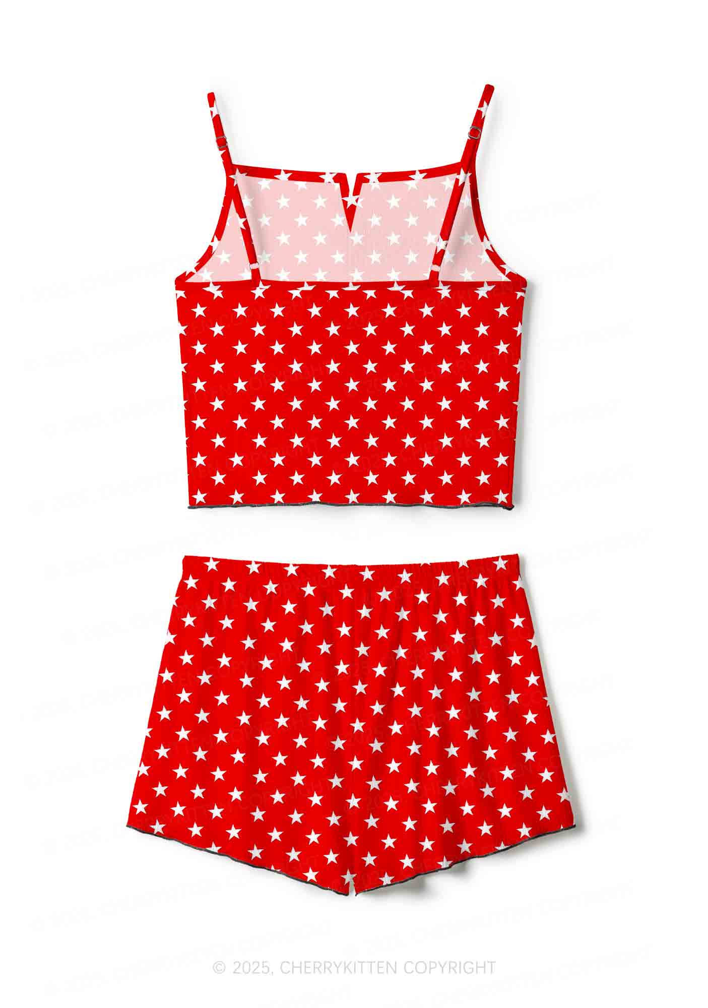 White Stars On Red Valentine's Day Y2K Print Cami Shorts Pajama Set Cherrykitten - Image 2